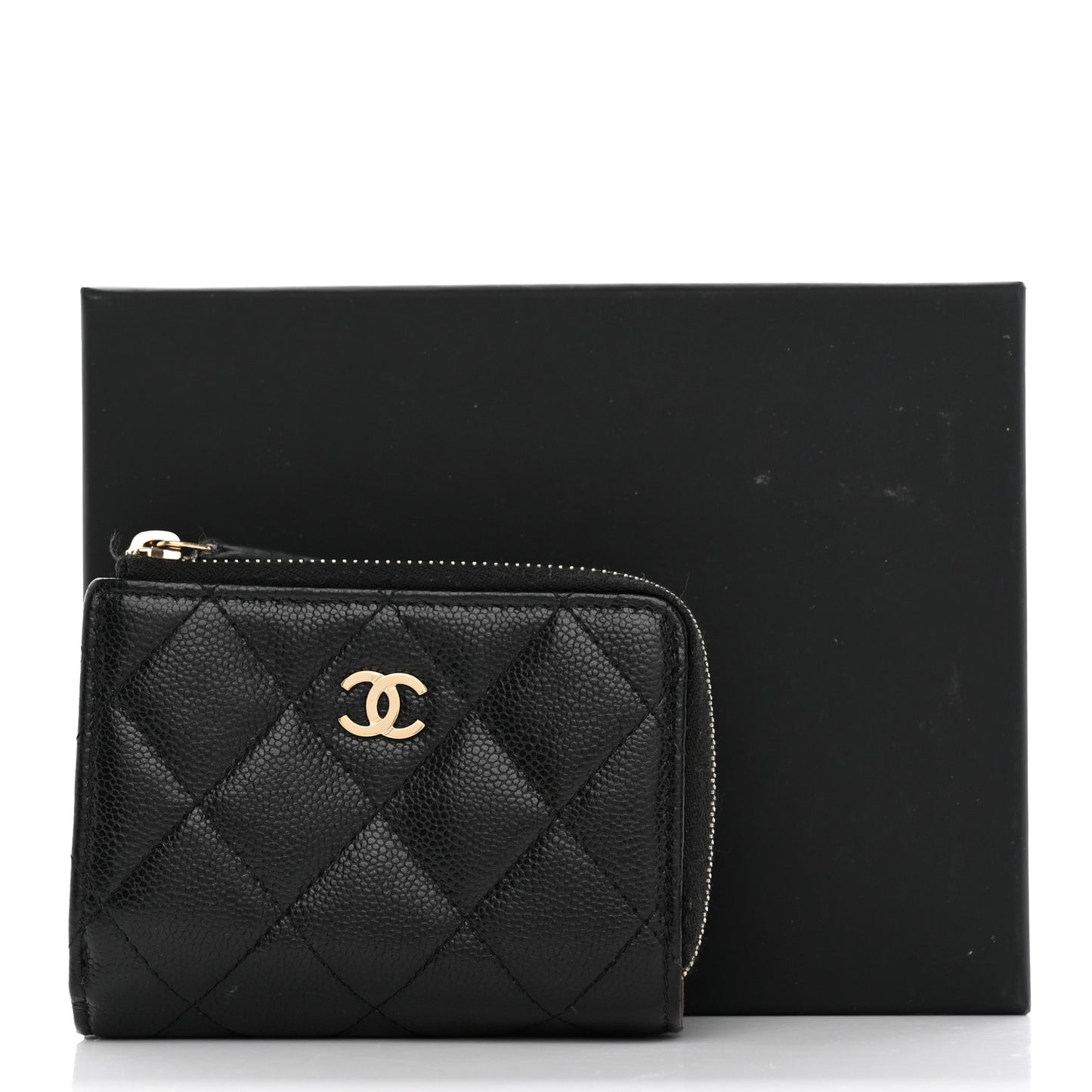 Caviar Quilted CC Zip Compact Trifold Wallet Black
