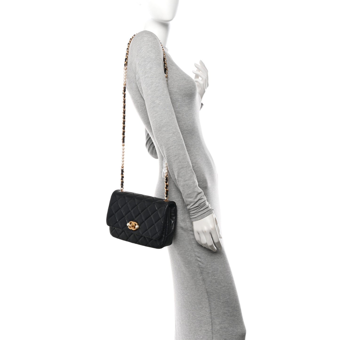 Glazed Calfskin Quilted Pearl Side Flap Black