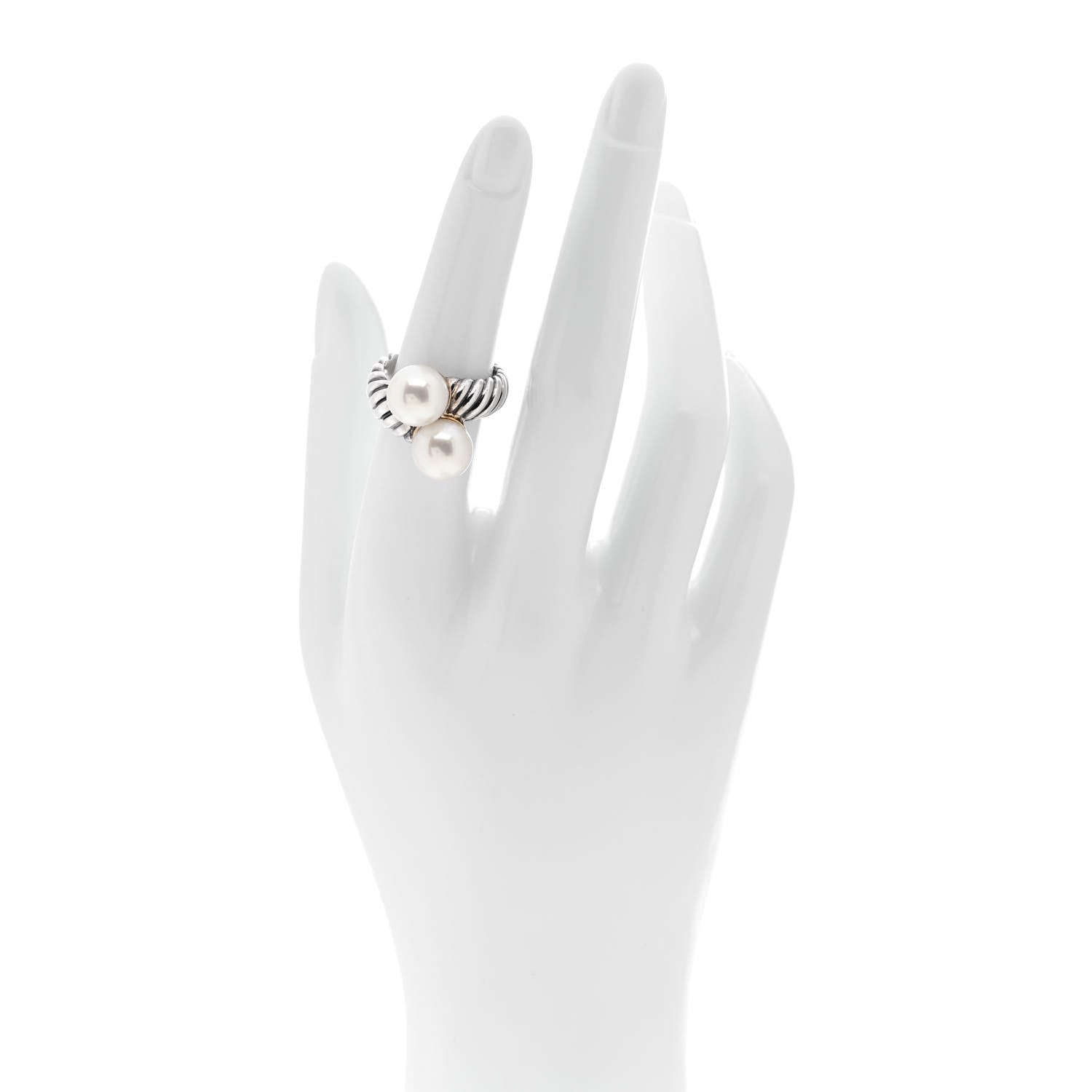David Yurman Sterling Silver 18K Yellow Gold Freshwater Cultured Pearl Cable Bypass Ring 52 6 2 of 5