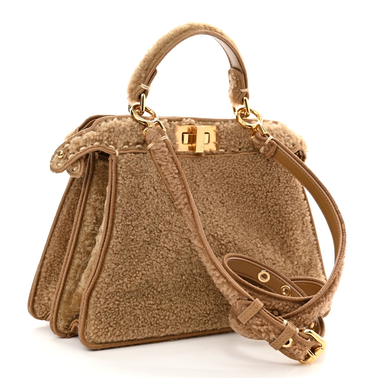 Curly Shearling Shiny Nappa Small Peekaboo I SEE U Satchel Camel