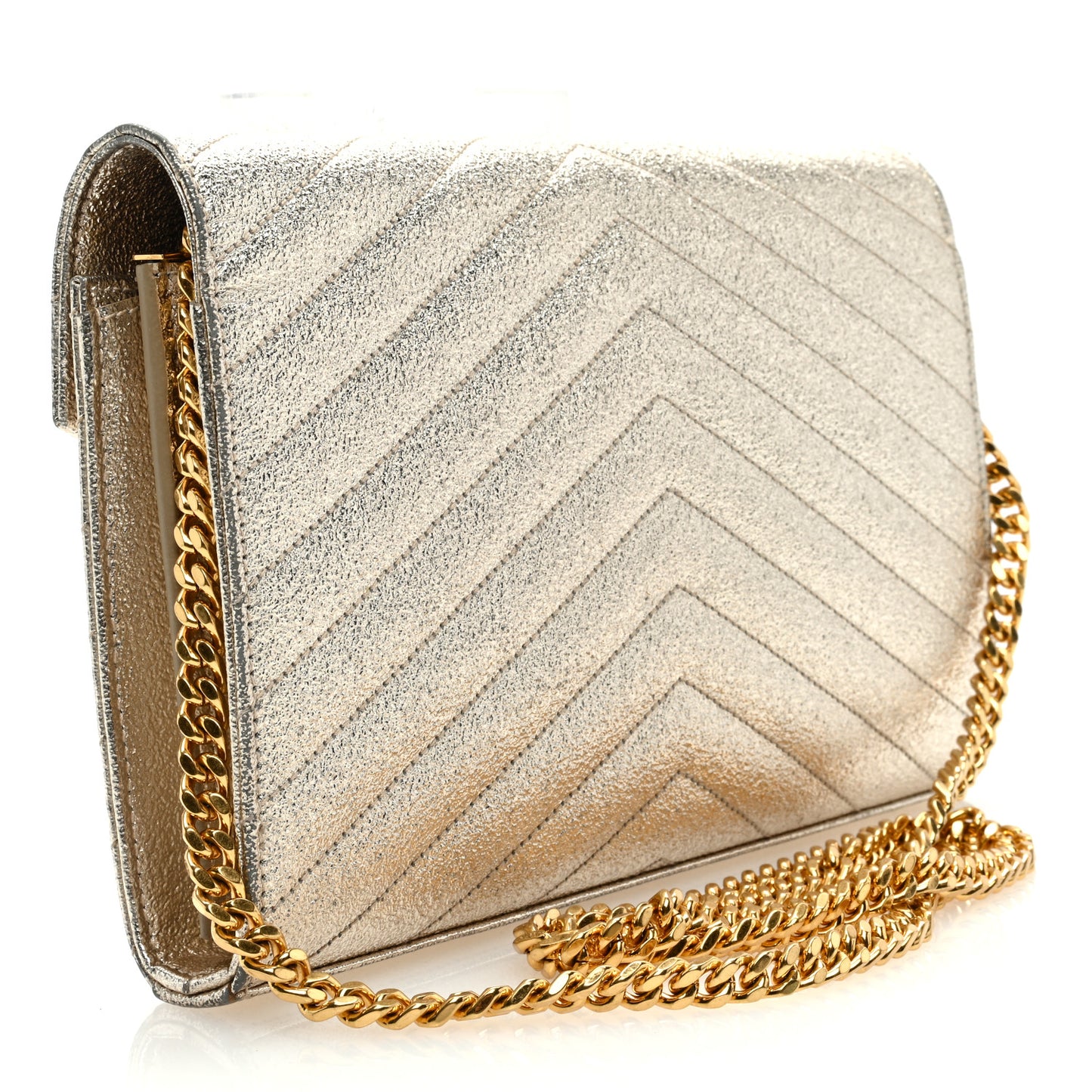 Metallic Crackled Calfskin Matelasse Chevron Monogram Chain Wallet Gold