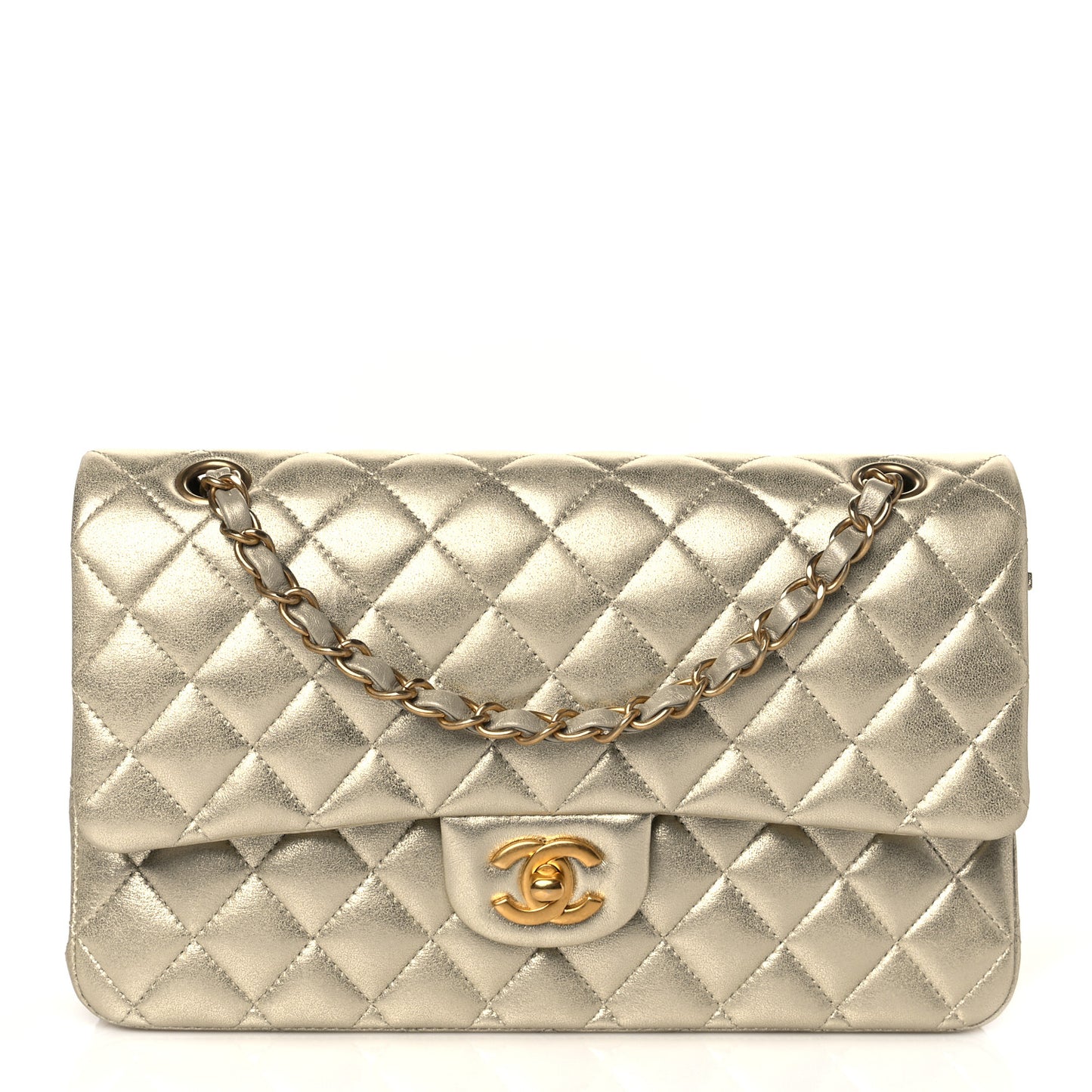 Metallic Lambskin Quilted Medium Double Flap Gold