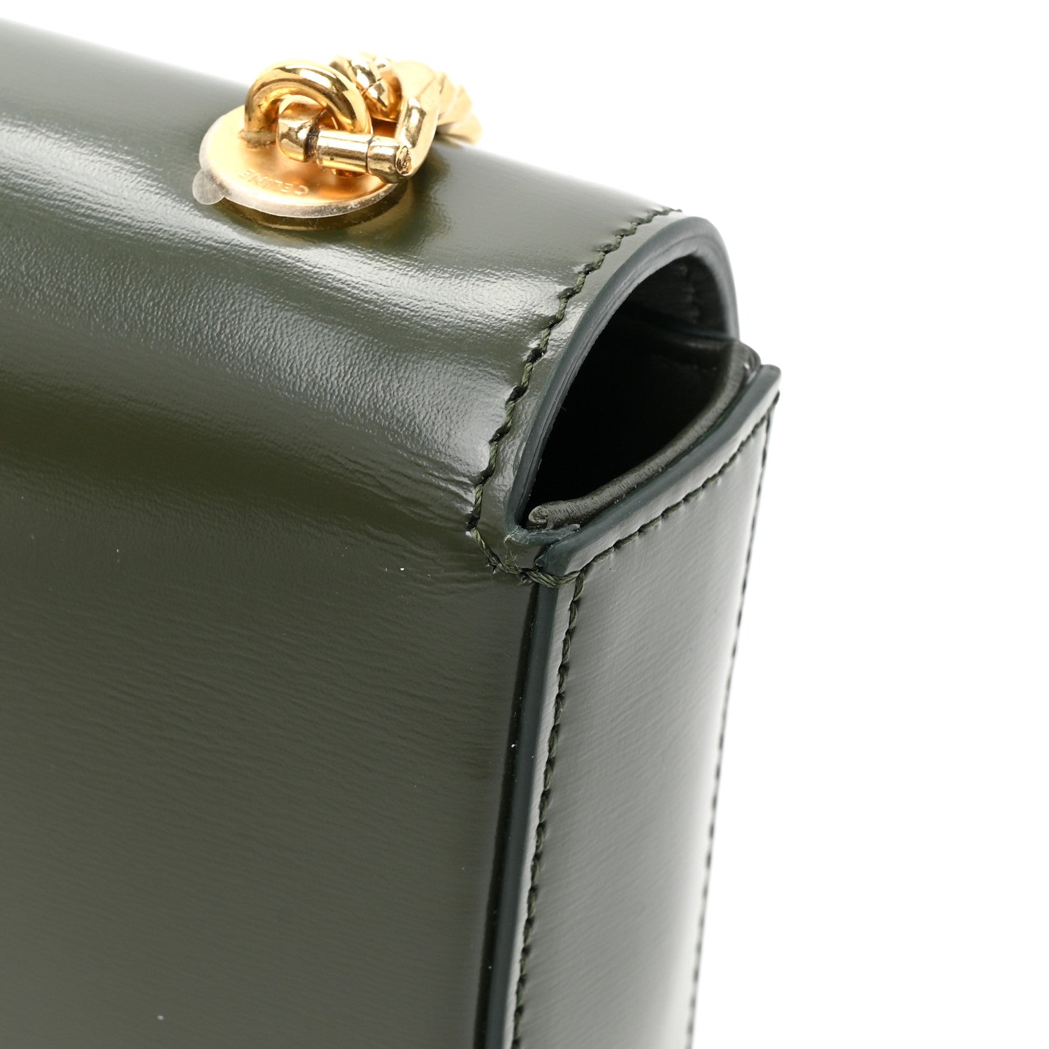 Celine Shiny Calfskin Cuir Triomphe Chain Shoulder Bag Dark Olive 12 of 13