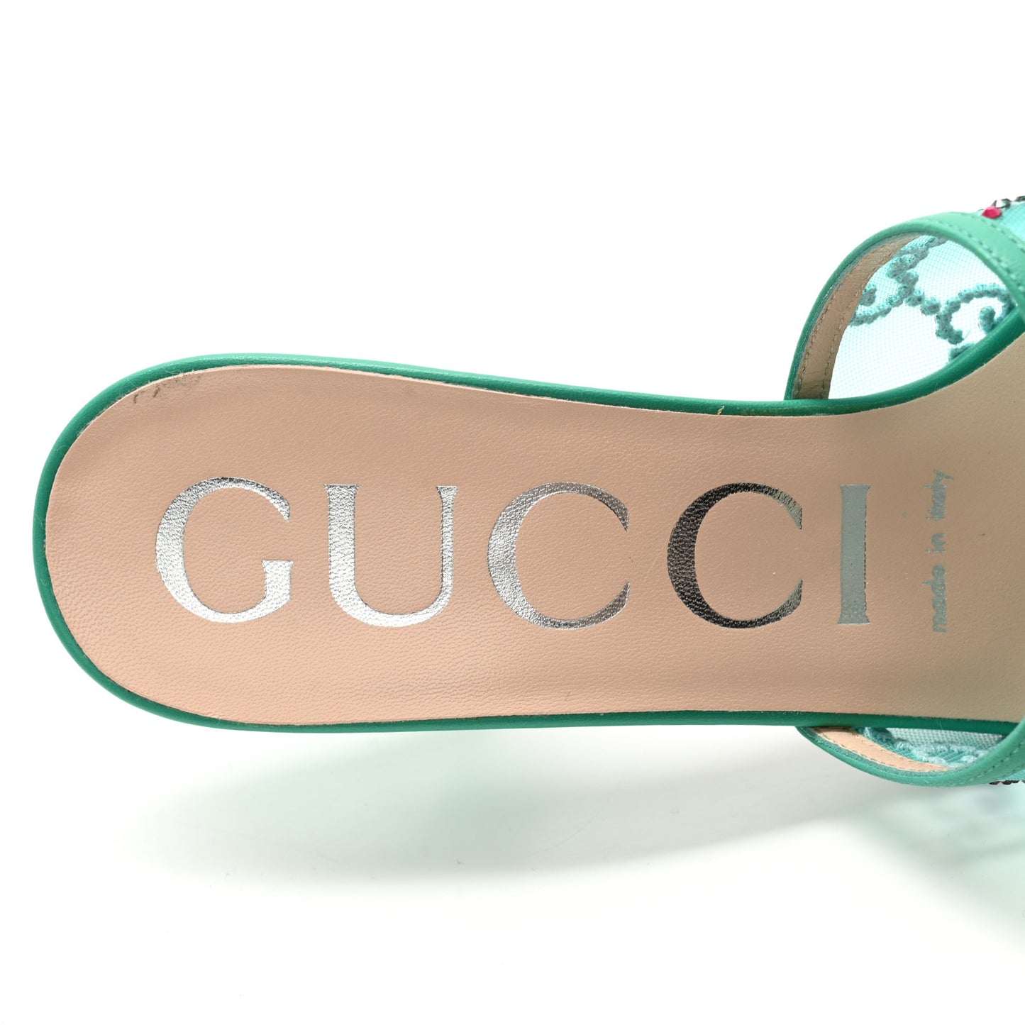 Tela Retino Nappa Crystal GG Monogram Square G 95mm Slide Sandals 37 Turquoise