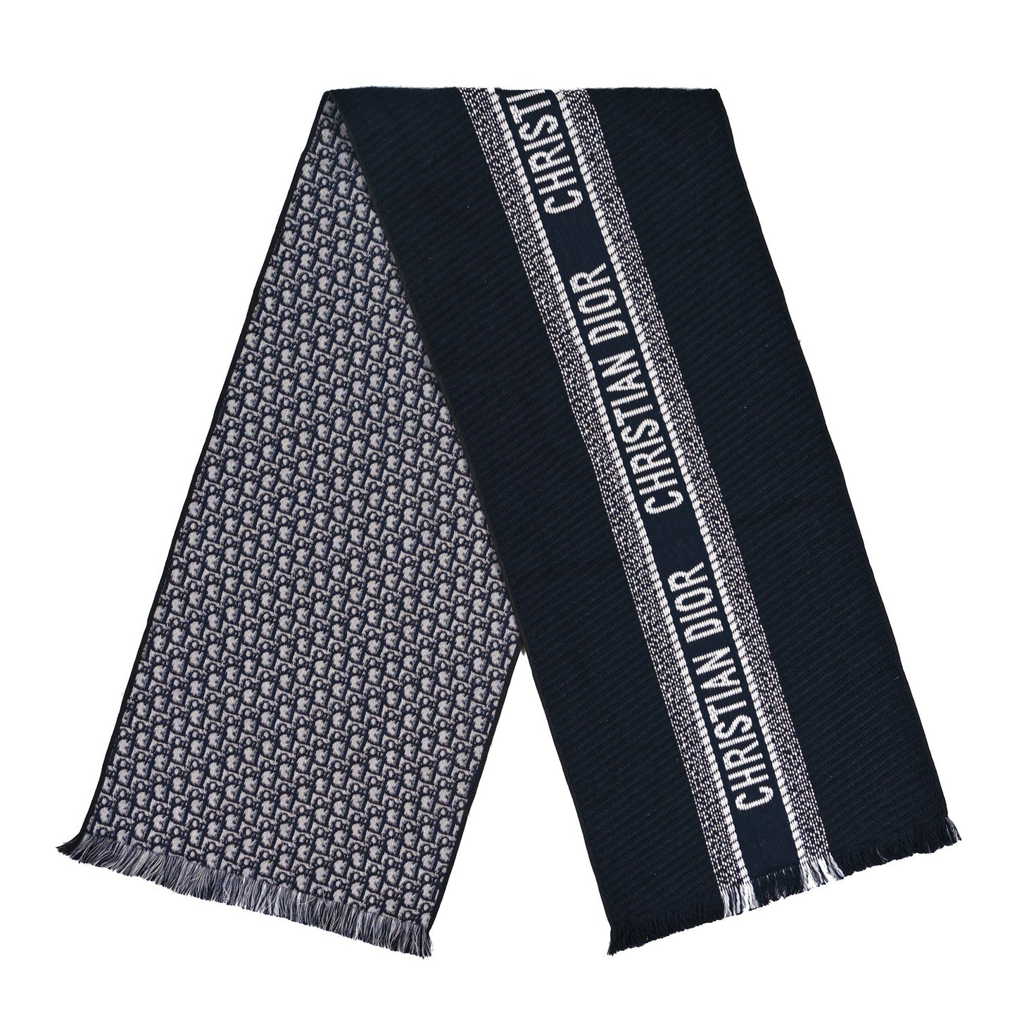 Wool Silk Oblique University Reversible Scarf Navy Blue