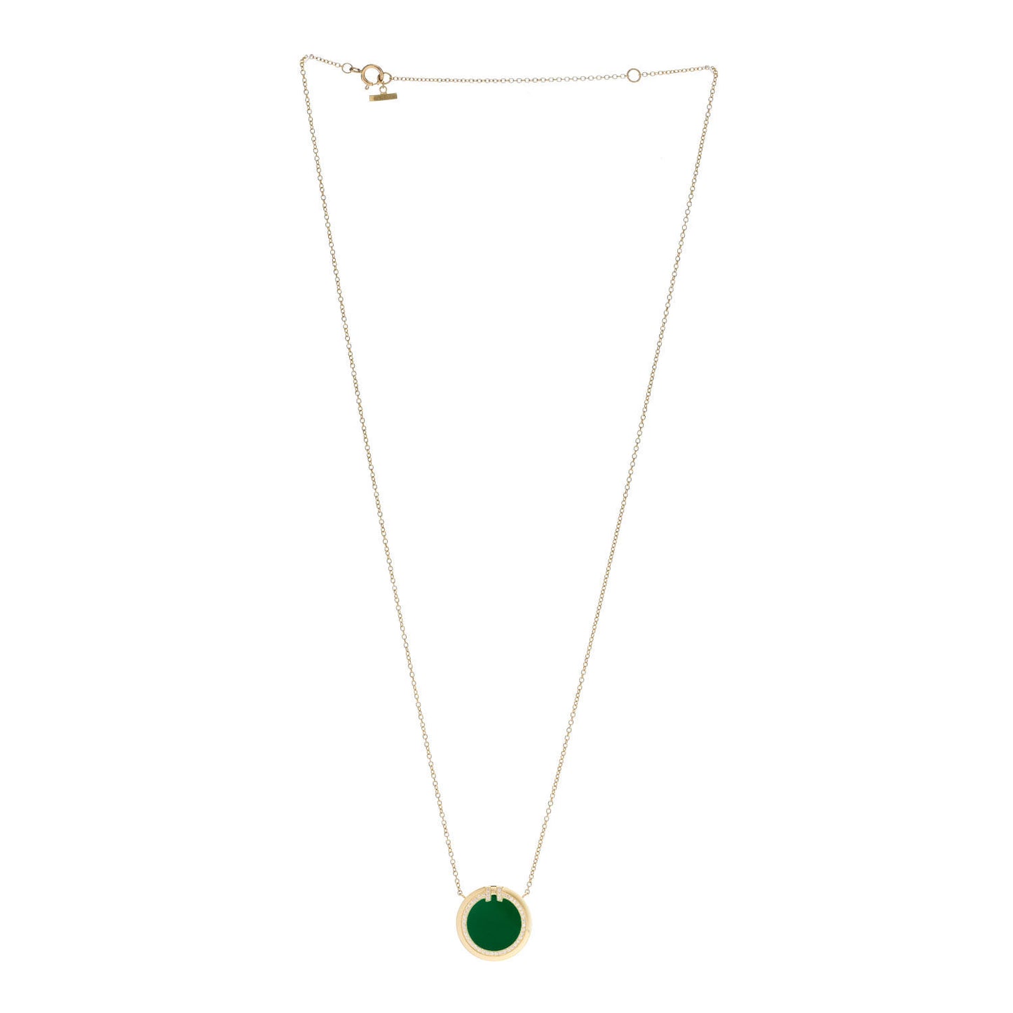 18K Yellow Gold Diamond Green Agate T Circle Pendant Necklace