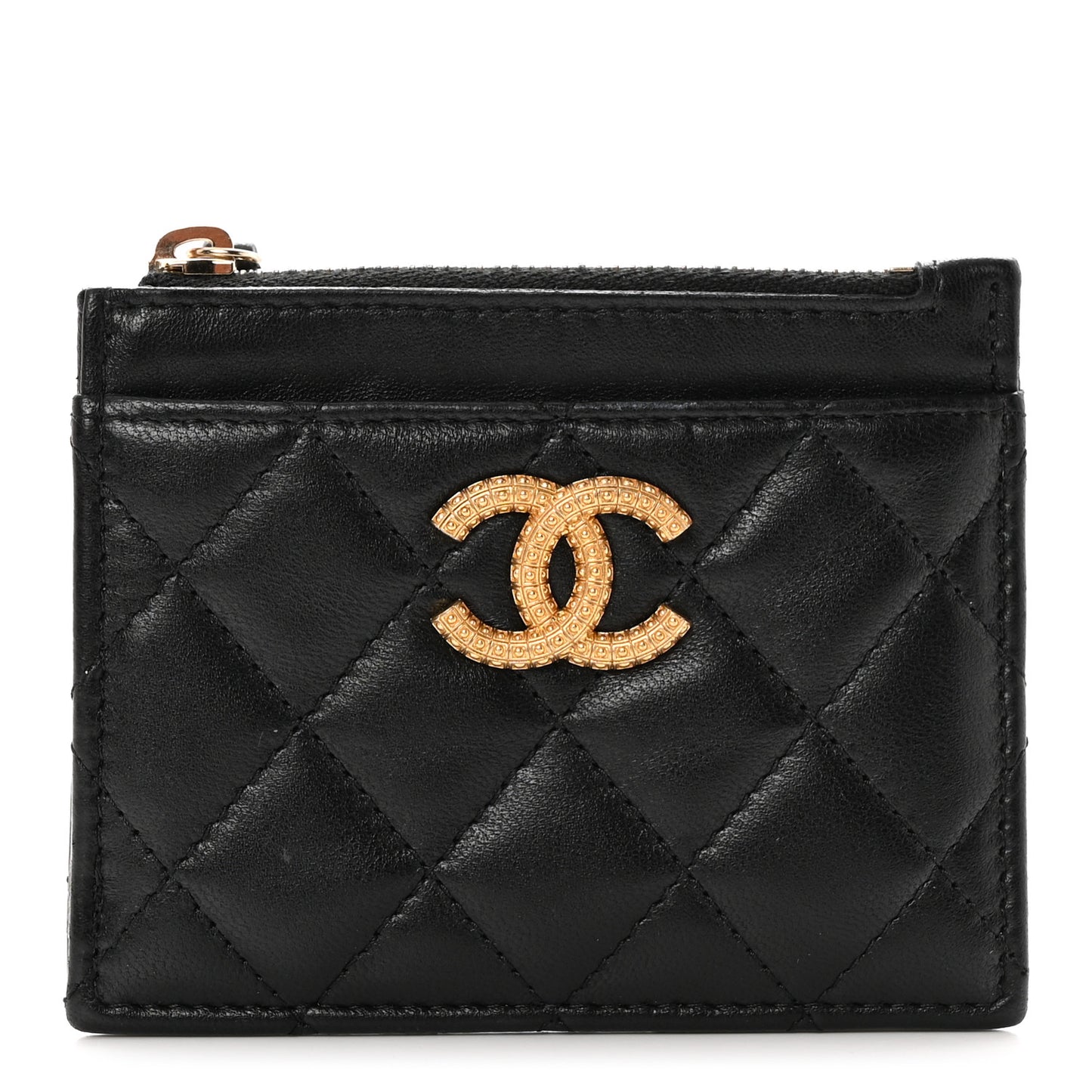 Lambskin Quilted Studded CC Zip Card Holder Black
