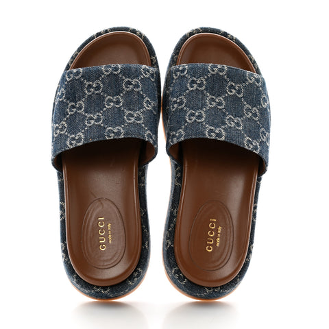 New Denim GG Monogram Angelina Platform 55mm Slide Sandals 36.5 Blue Tea