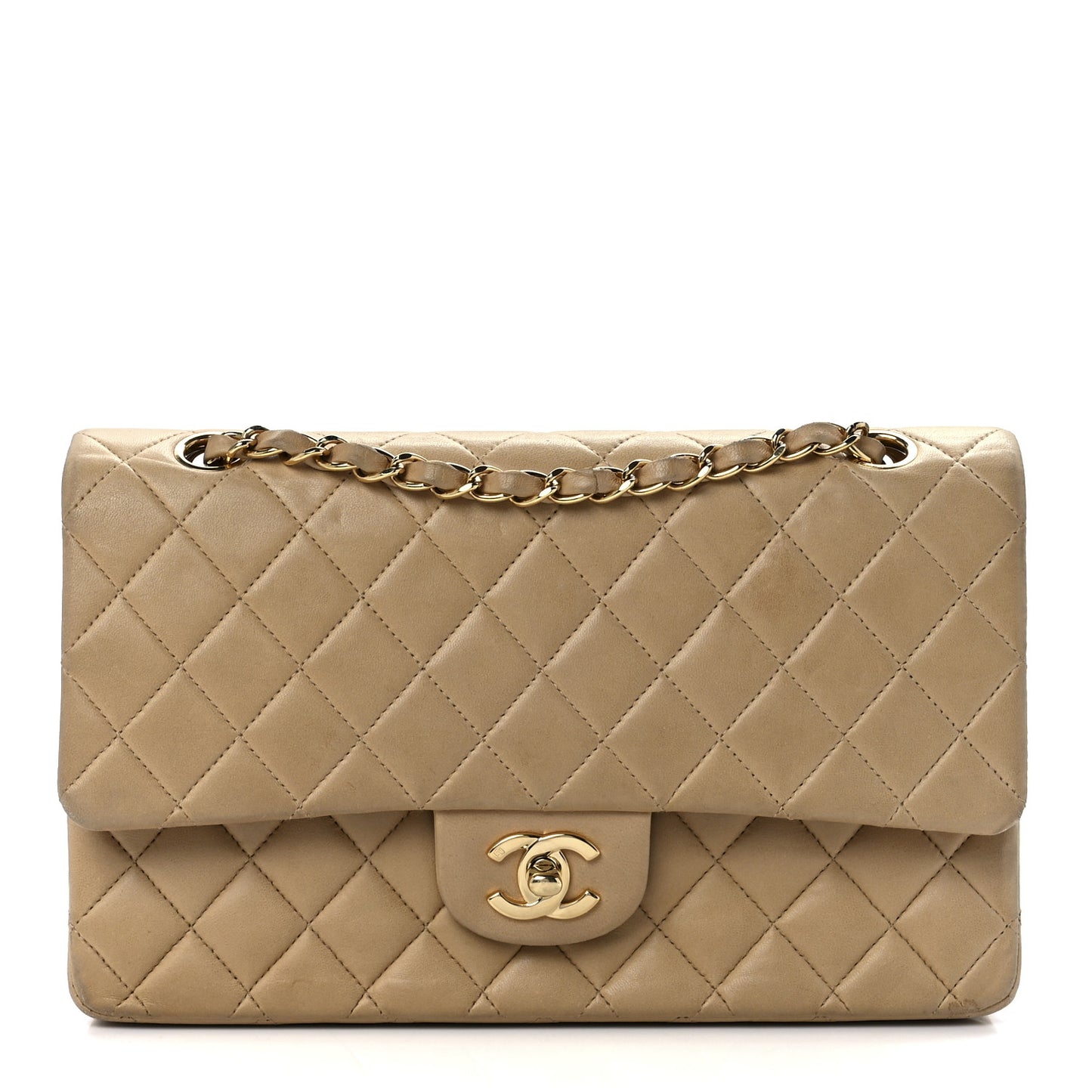 Lambskin Quilted Medium Double Flap Beige