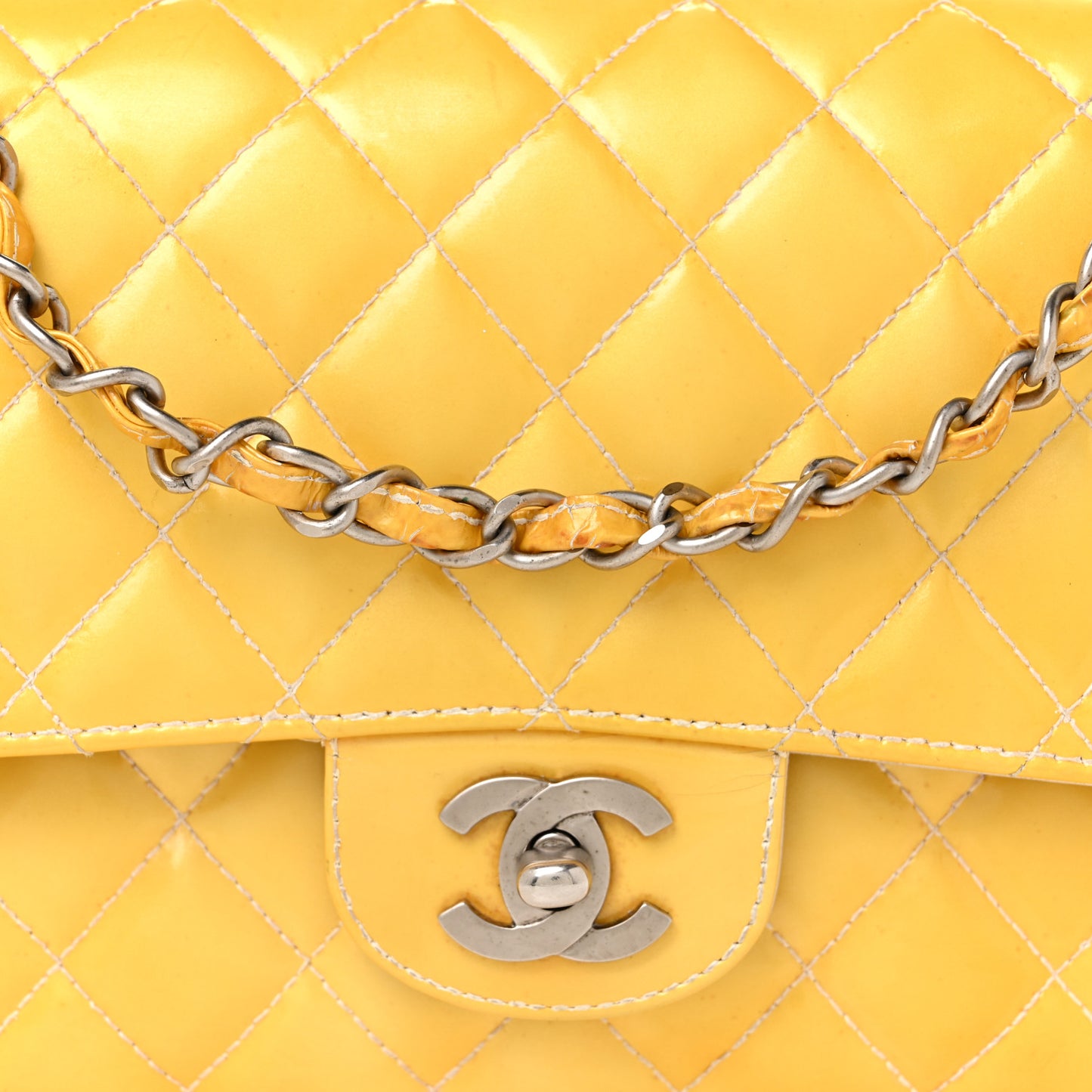 Patent Quilted Medium Double Flap Yellow