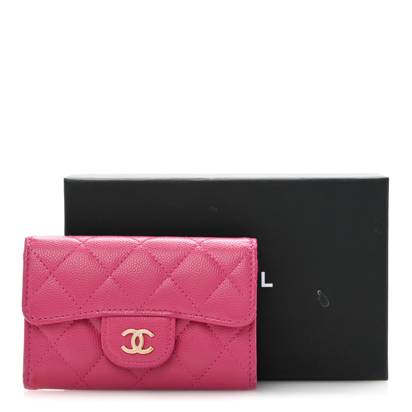 Caviar Quilted Flap Card Holder Wallet Dark Pink