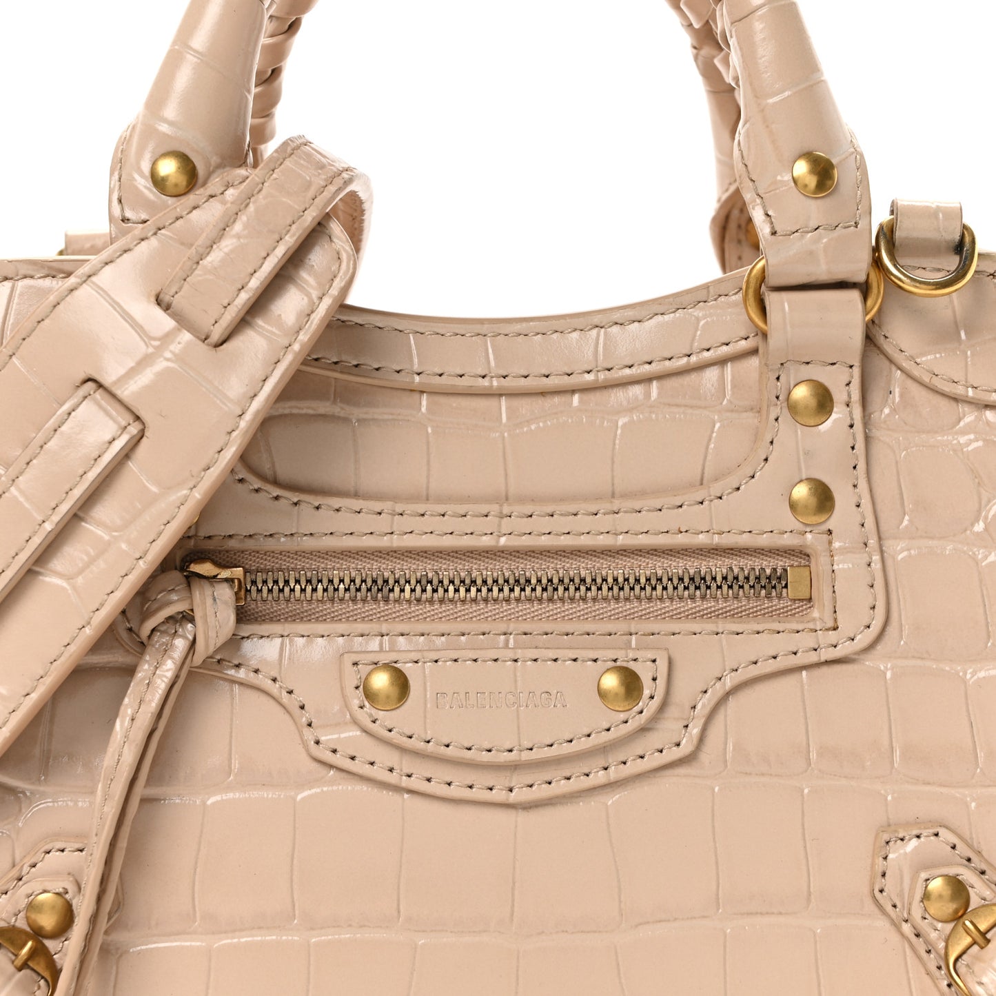 Shiny Supple Calfskin Crocodile Embossed Neo Classic Gold Hardware Mini City Light Beige