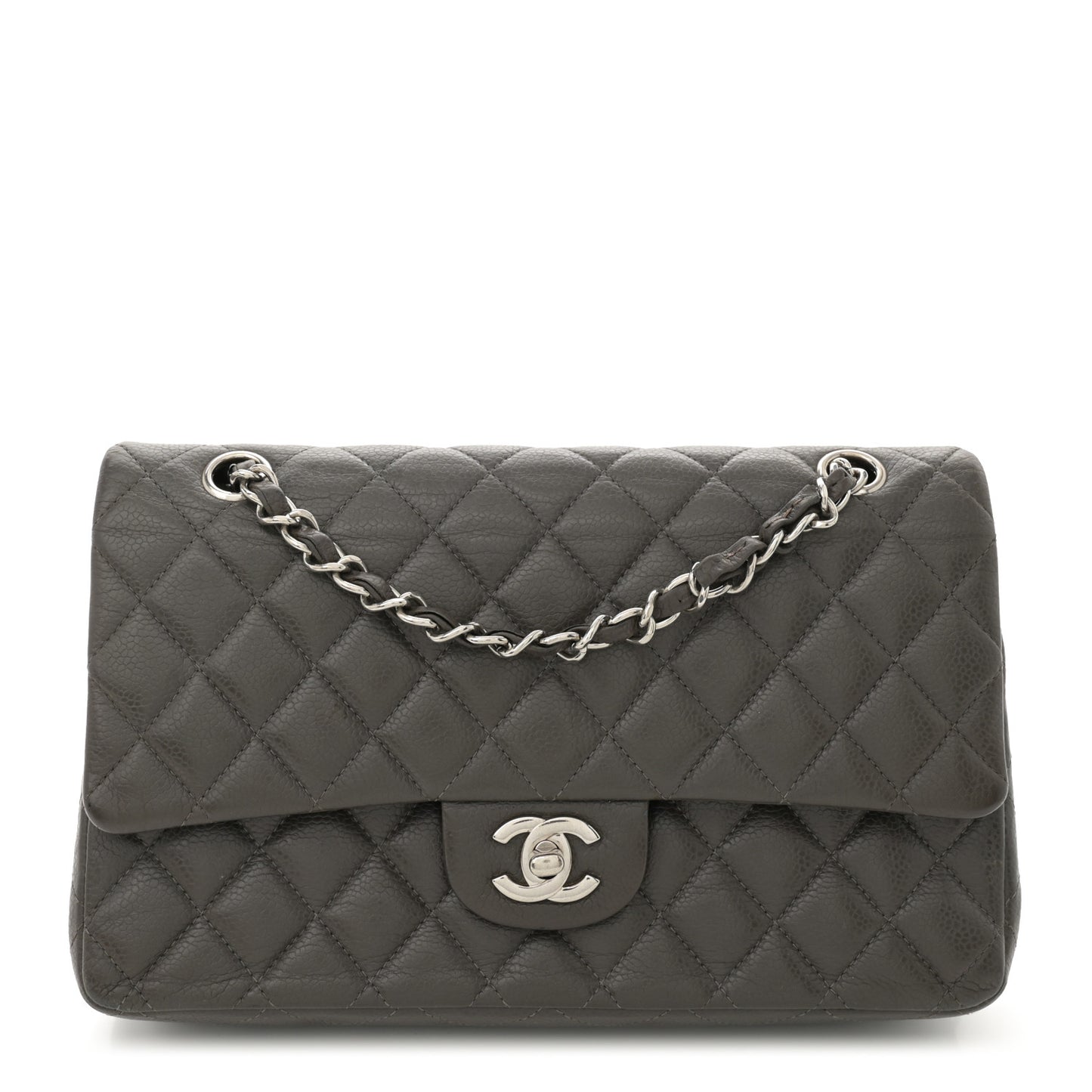 Caviar Quilted Medium Double Flap Dark Grey