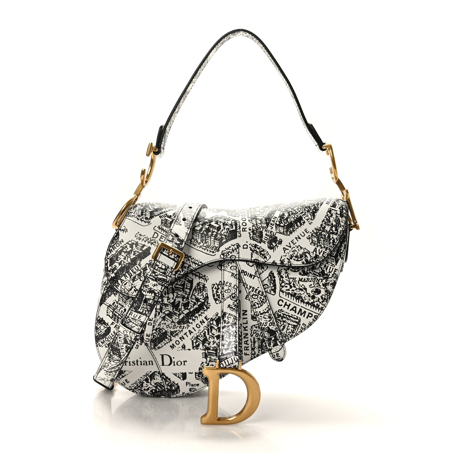 Calfskin Plan De Paris Printed Saddle Bag With Strap White Black