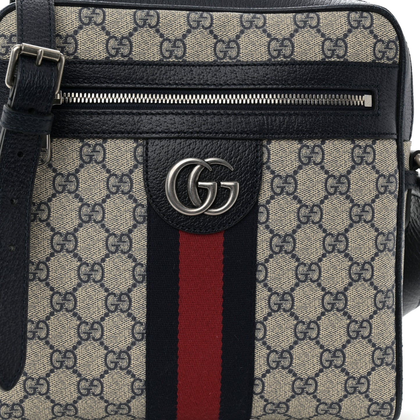 GG Supreme Monogram Textured Dollar Calfskin Web Small Ophidia Messenger Bag Beige Blue