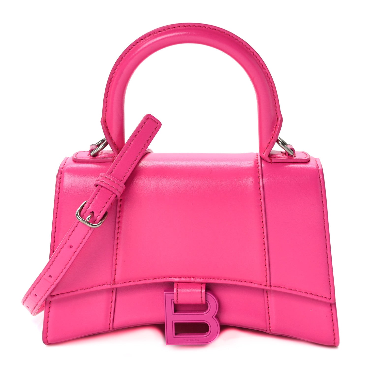 Balenciaga Shiny Box Calfskin Tonal B Hourglass Top Handle Bag XS Fuchsia 1 of 9