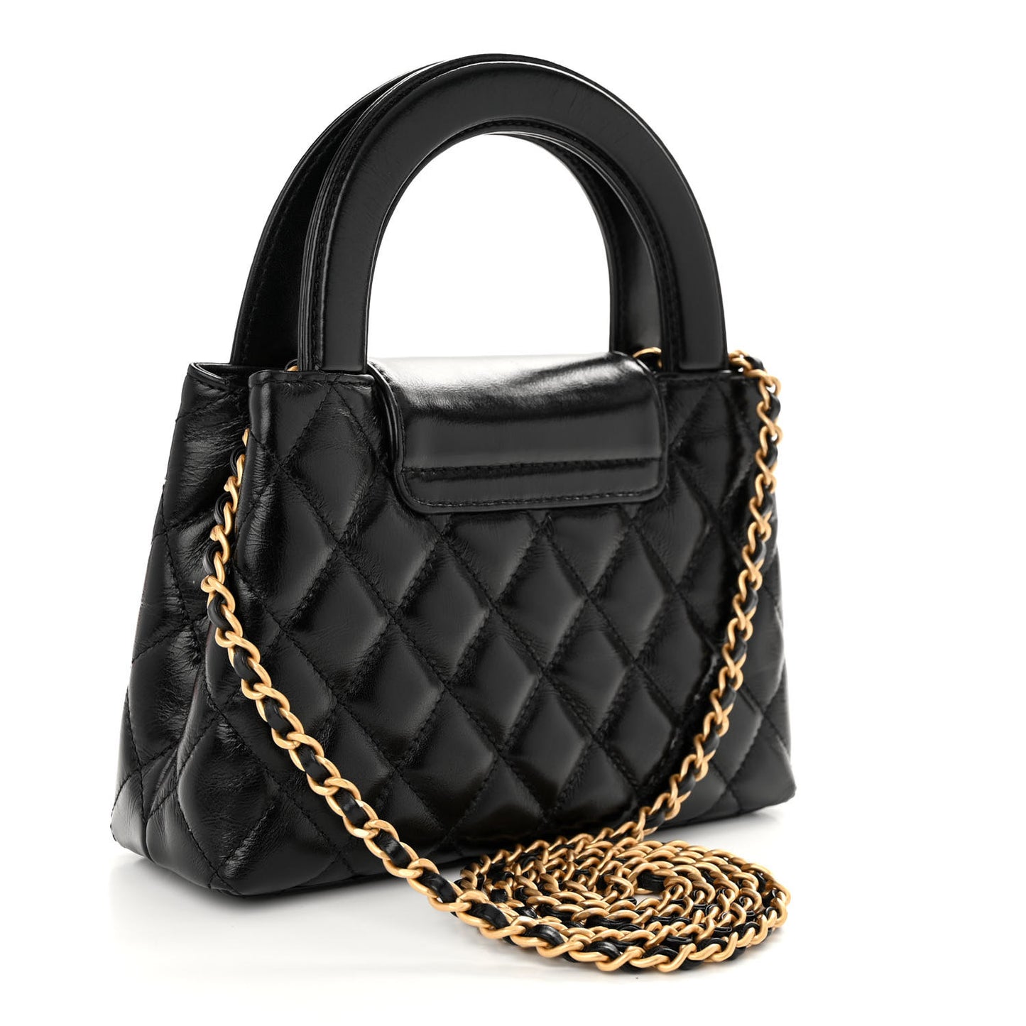 Shiny Aged Calfskin Quilted Nano Kelly Shopper Black