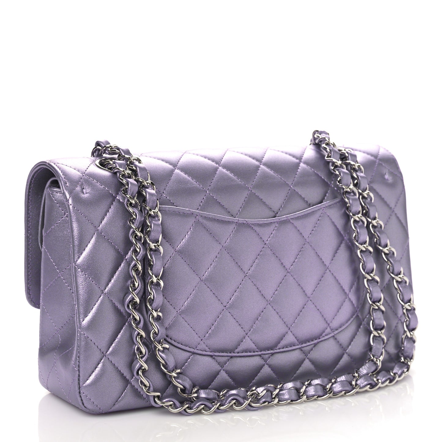 Metallic Lambskin Quilted Medium Double Flap Purple