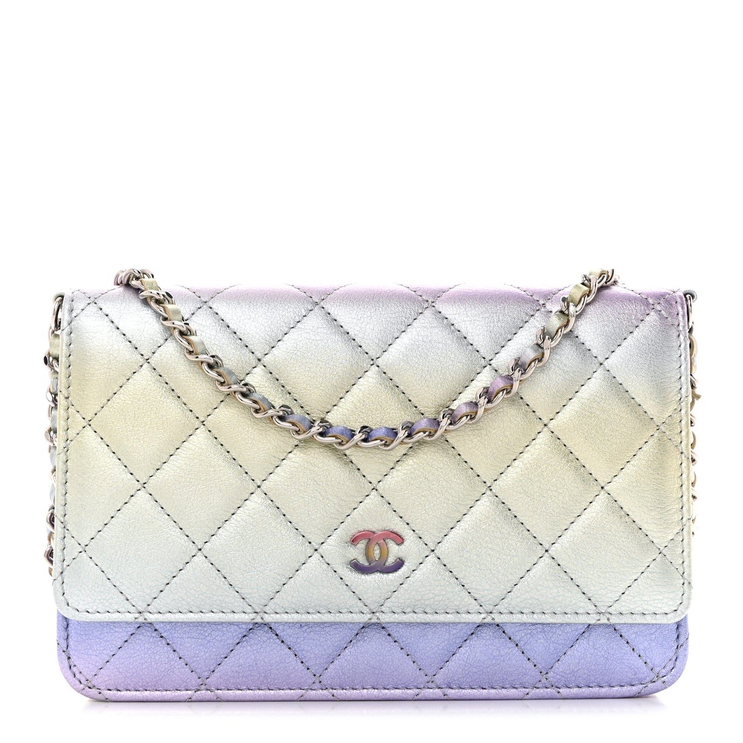 Gradient Metallic Calfskin Quilted Wallet On Chain WOC Silver Blue Yellow Purple