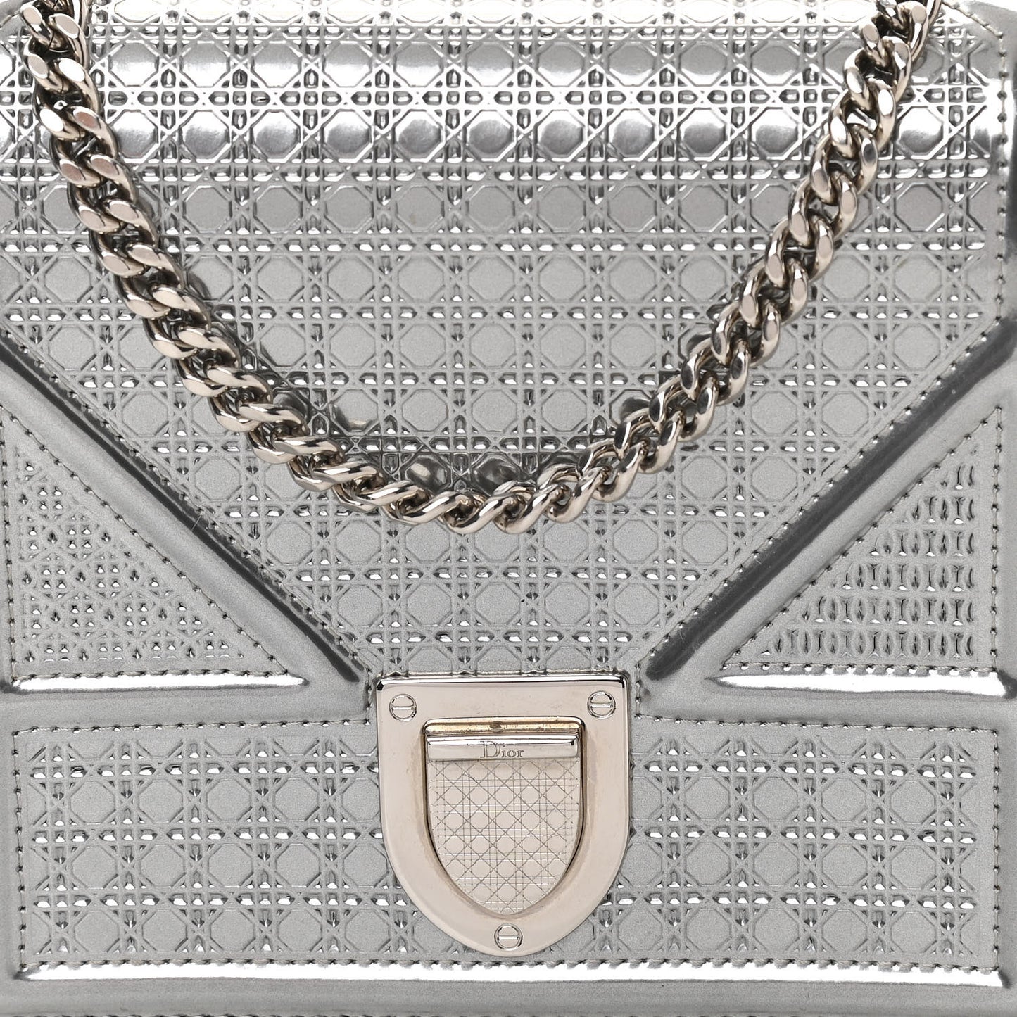 Metallic Patent Micro-Cannage Diorama Wallet on Chain Pouch Silver