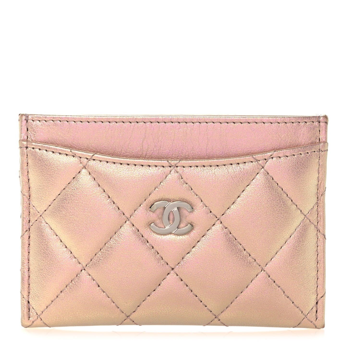 Iridescent Calfskin Quilted Card Holder Pink