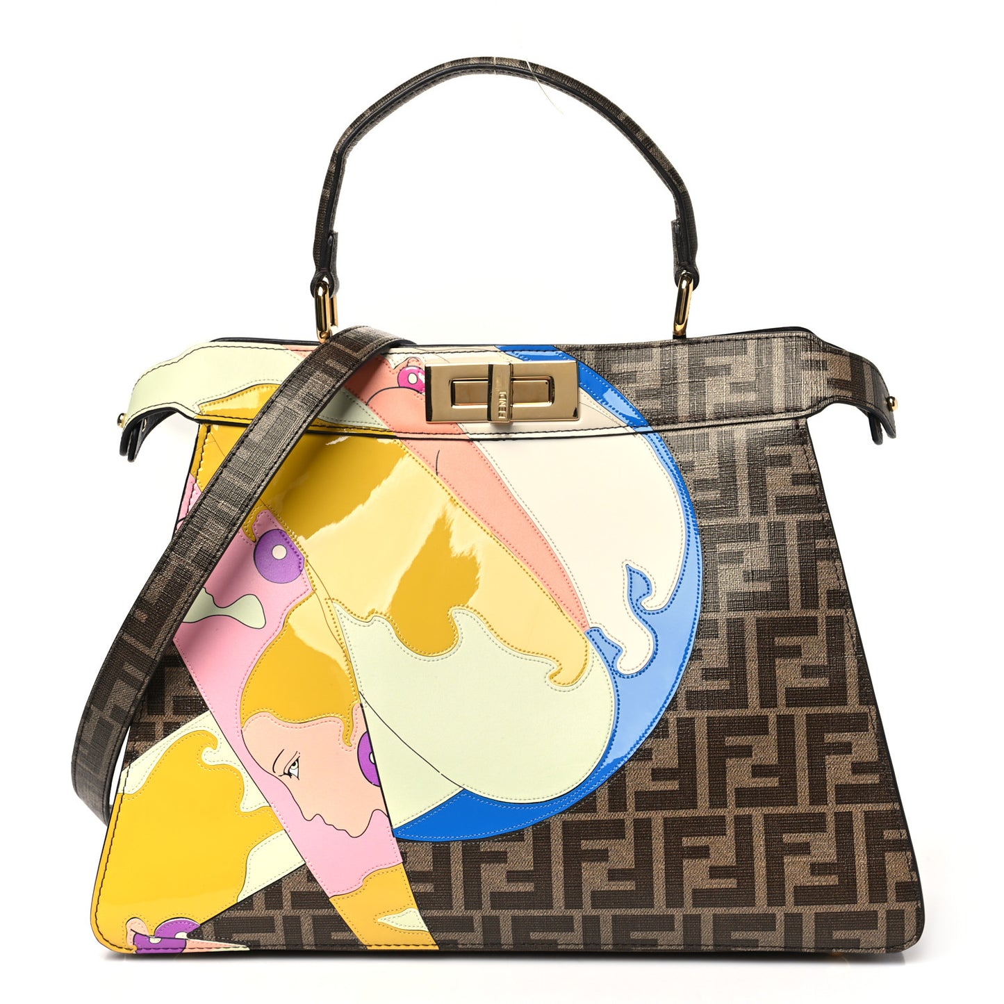 Glazed Fabric Vitello FF 1974 Hairdo Girls Inlay Medium Peekaboo Iconic Satchel Mogano Panna Multicolor