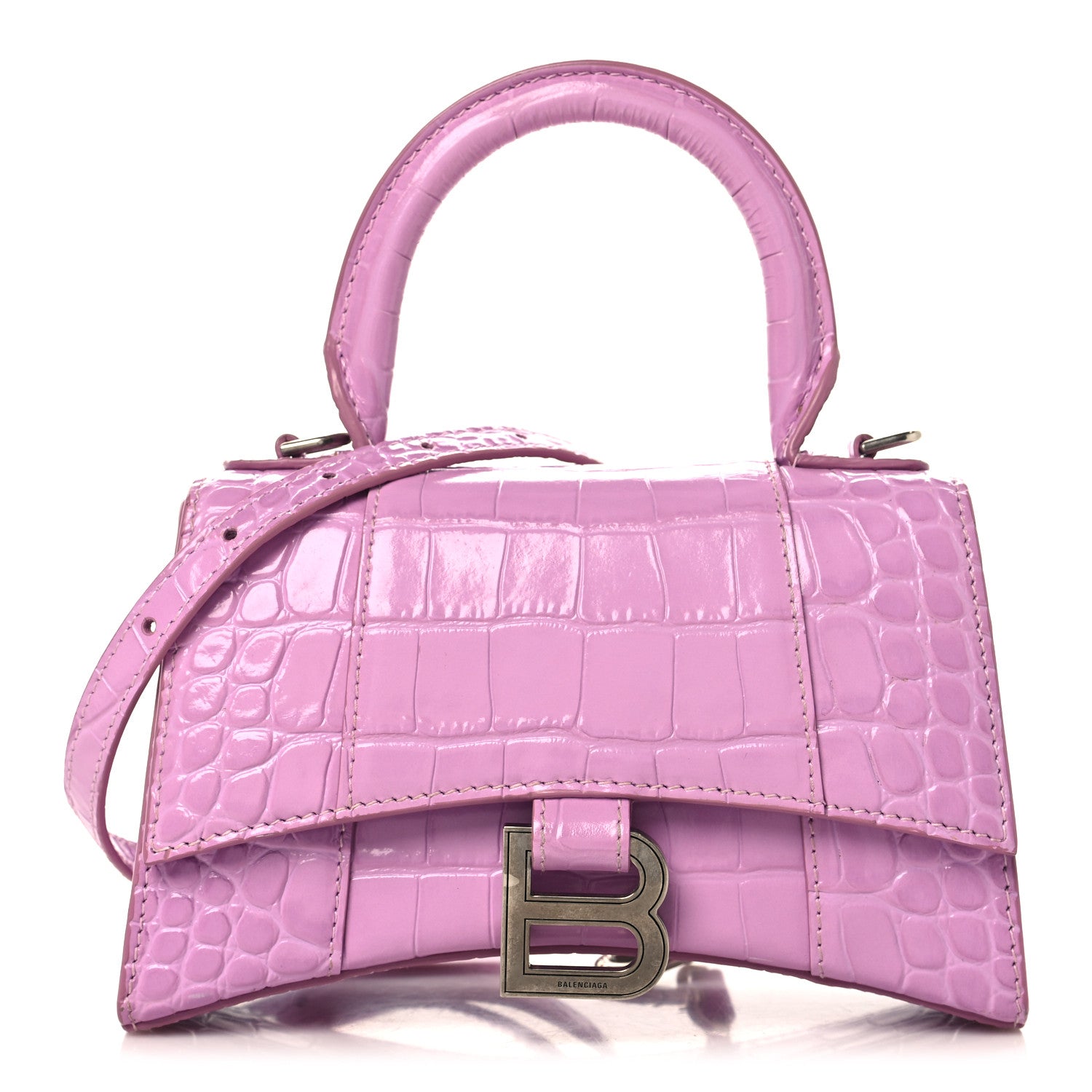 Balenciaga Shiny Calfskin Crocodile Embossed Hourglass Top Handle