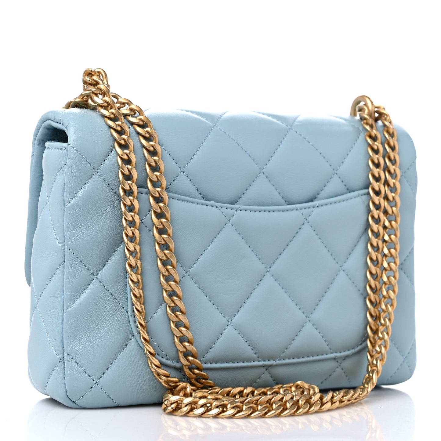 Lambskin Enamel Quilted Small Pending CC Square Flap Light Blue