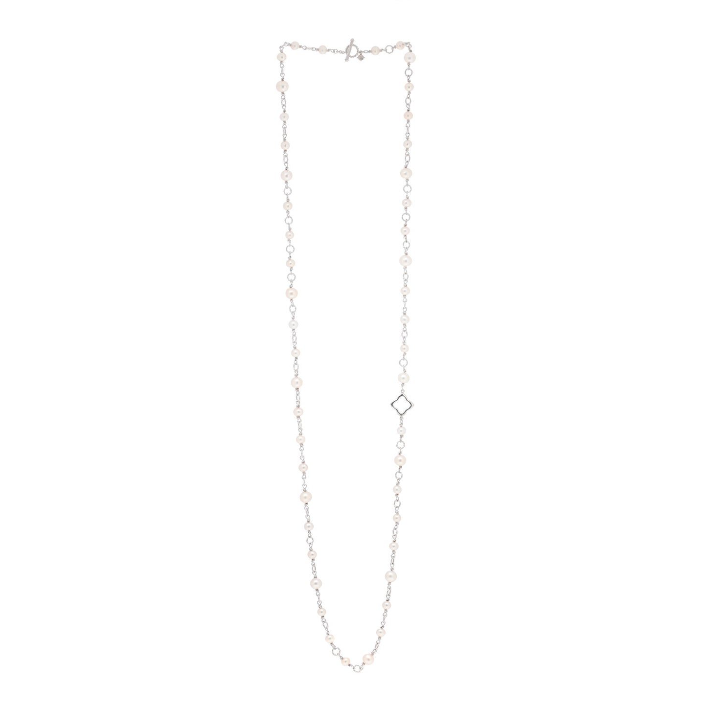 Sterling Silver Pearl 9mm Quatrefoil Long Chain Necklace