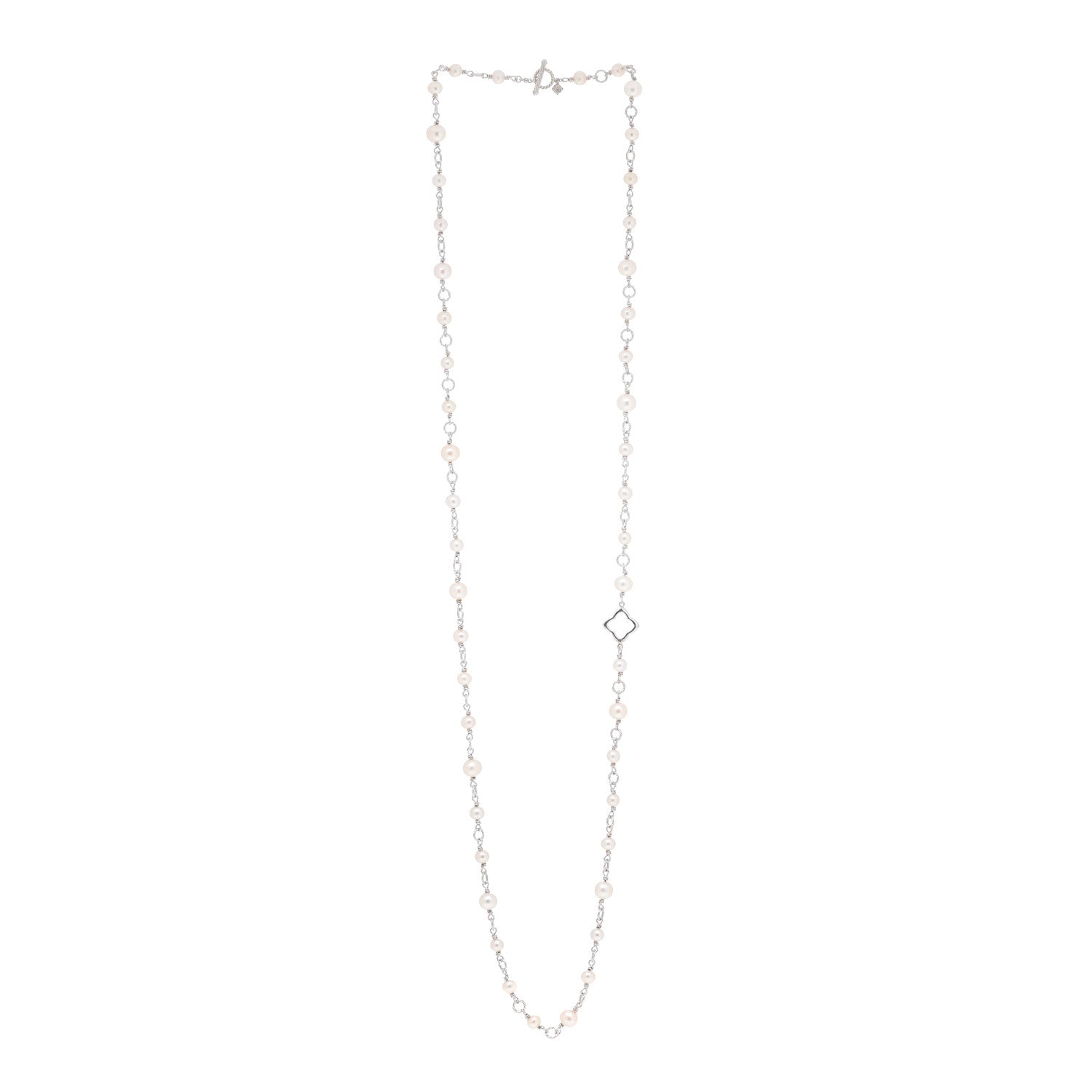 David Yurman Sterling Silver Pearl 9mm Quatrefoil Long Chain Necklace 3 of 5