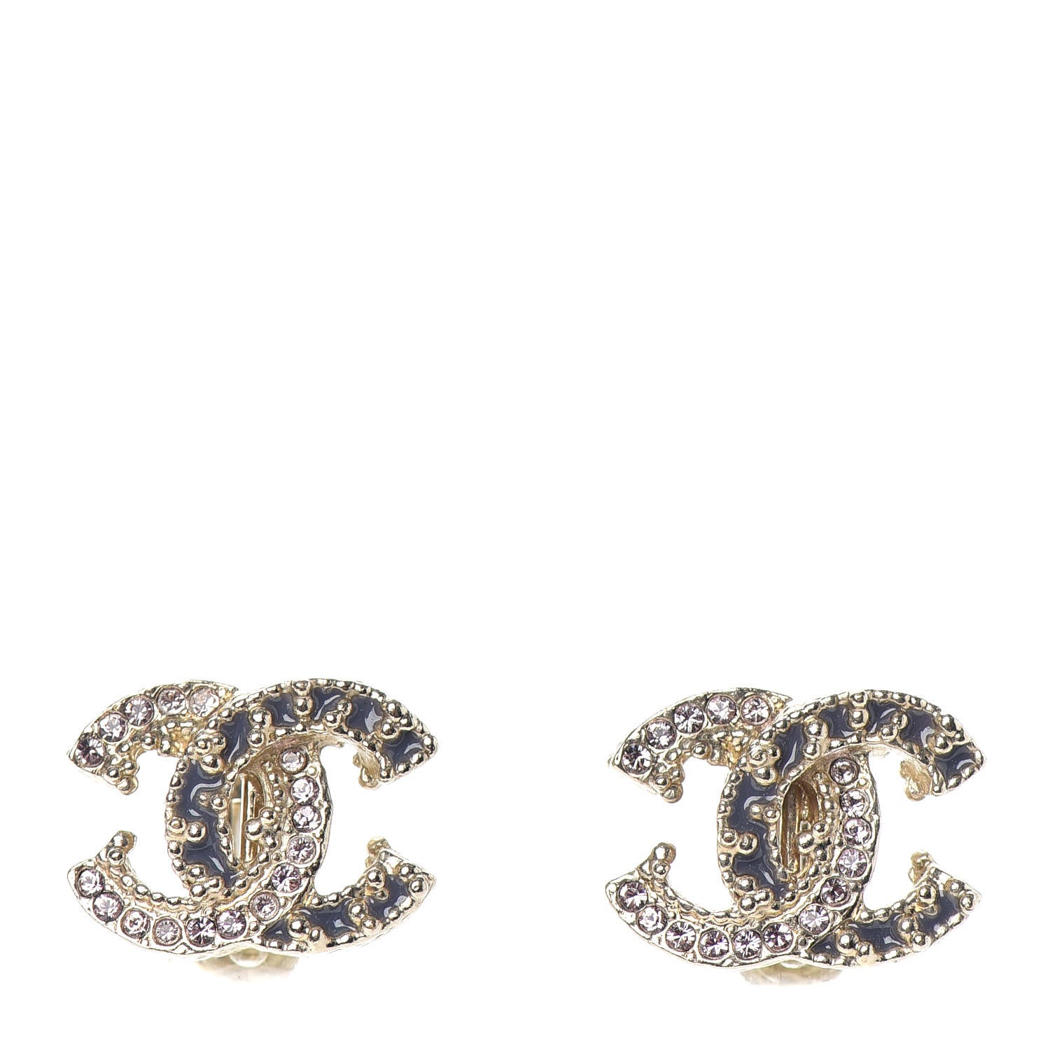 Chanel Crystal Enamel CC Clip On Earrings Light Grey Gold 1 of 4