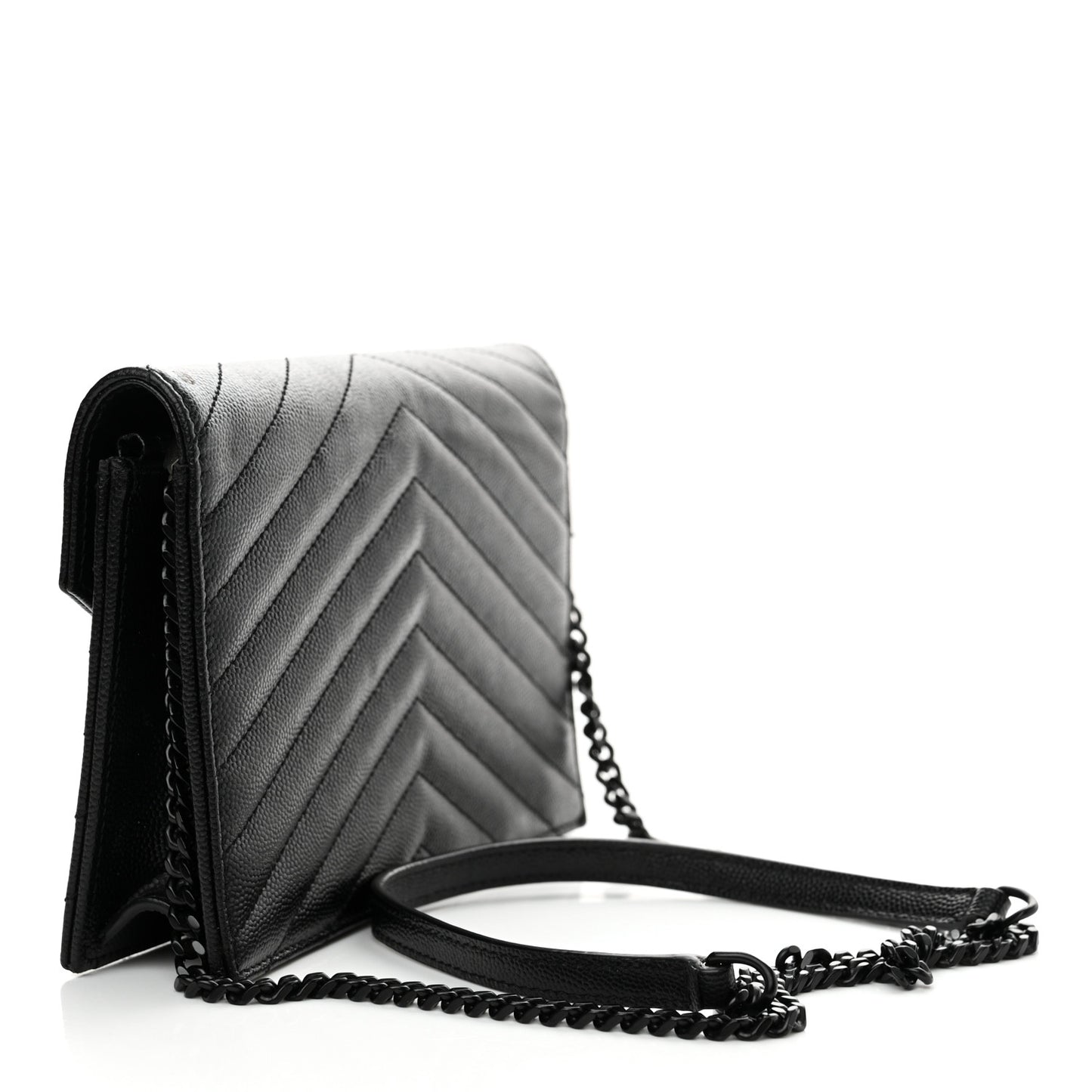 Grain De Poudre Matelasse Chevron Monogram Monochrome Envelope Chain Wallet Black