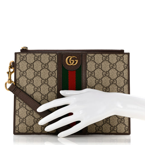 GG Supreme Monogram Web Ophidia Wristlet Pouch Brown