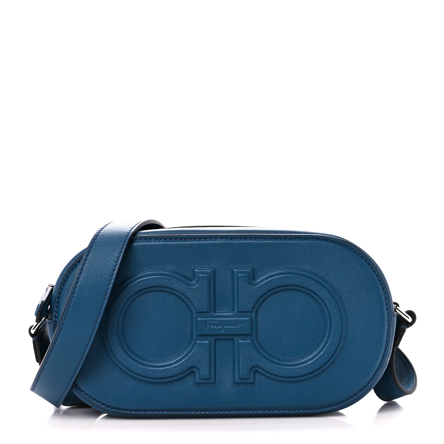 Calfskin Double Gancio Crossbody Bag Denim
