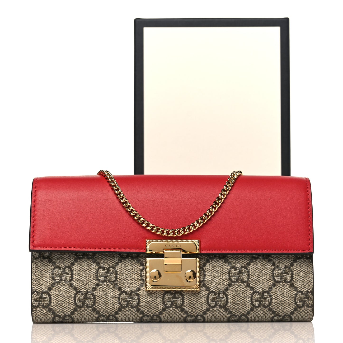 GG Supreme Monogram Moon Calfskin Padlock Continental Chain Wallet Beige Ebony Hibiscus Red New Rosette