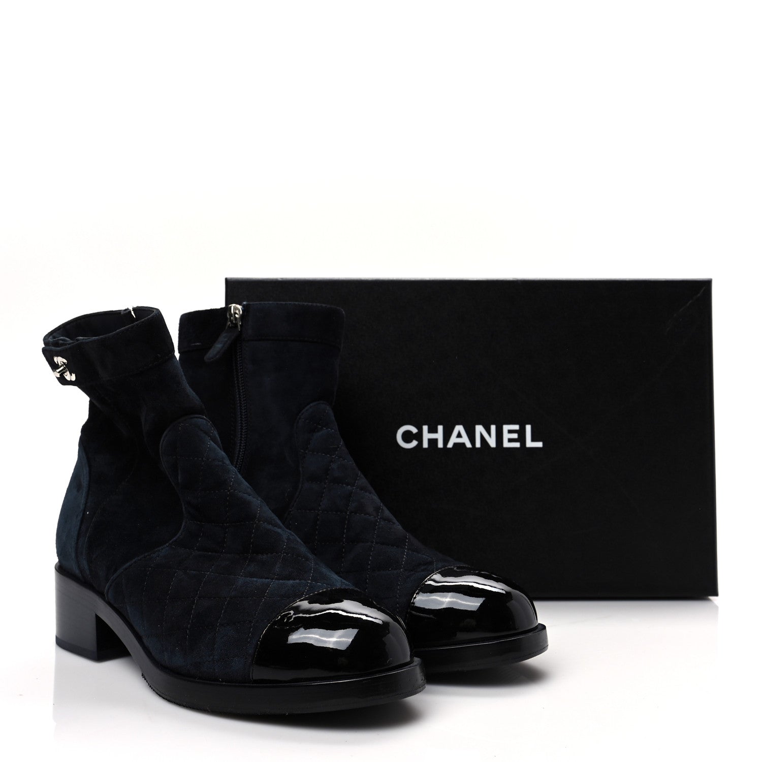 Chanel Suede Patent Calfskin Quilted Cap Toe Short Boots 41 Gray Black 8 of 8