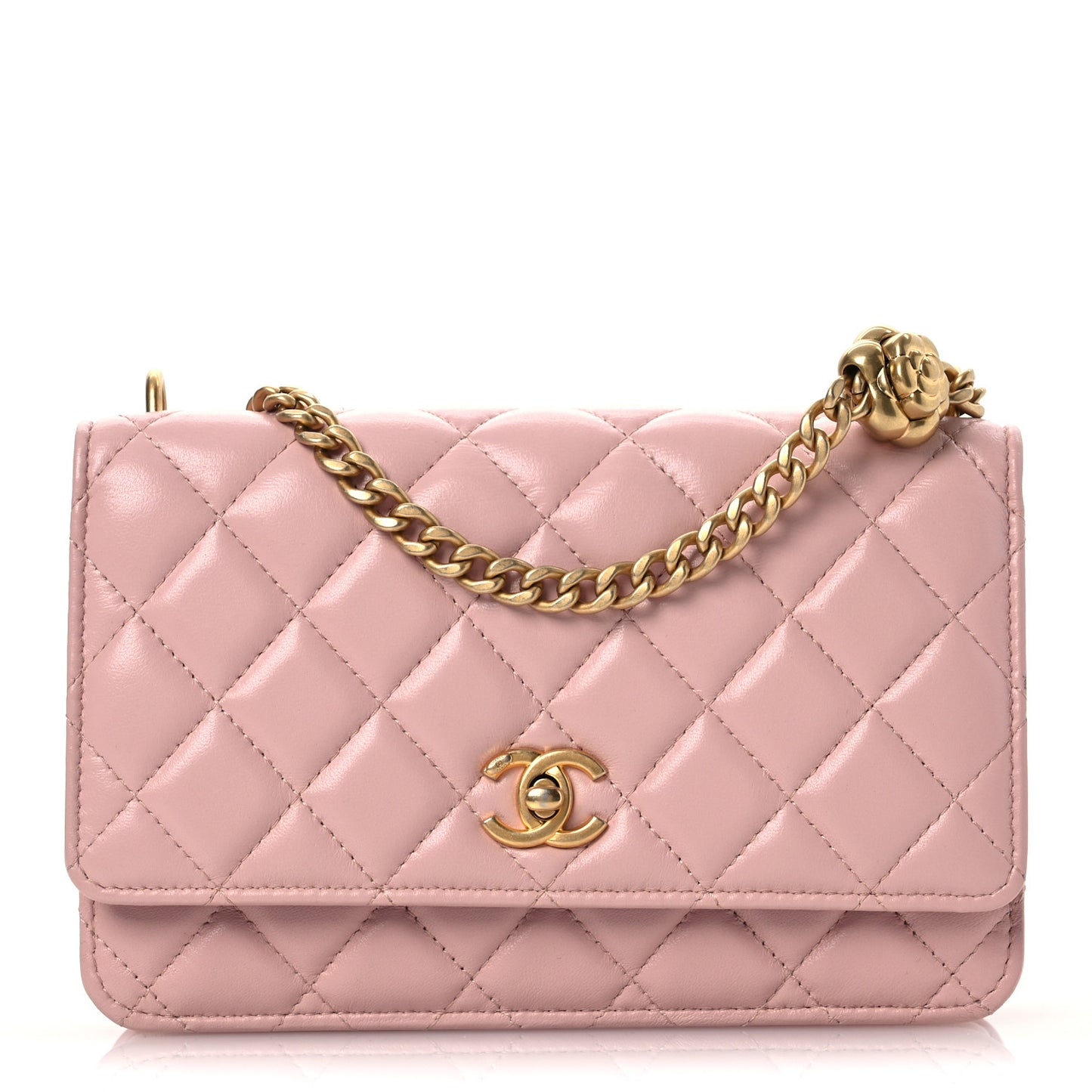 Lambskin Quilted Sweet Camellia Wallet on Chain WOC Light Beige