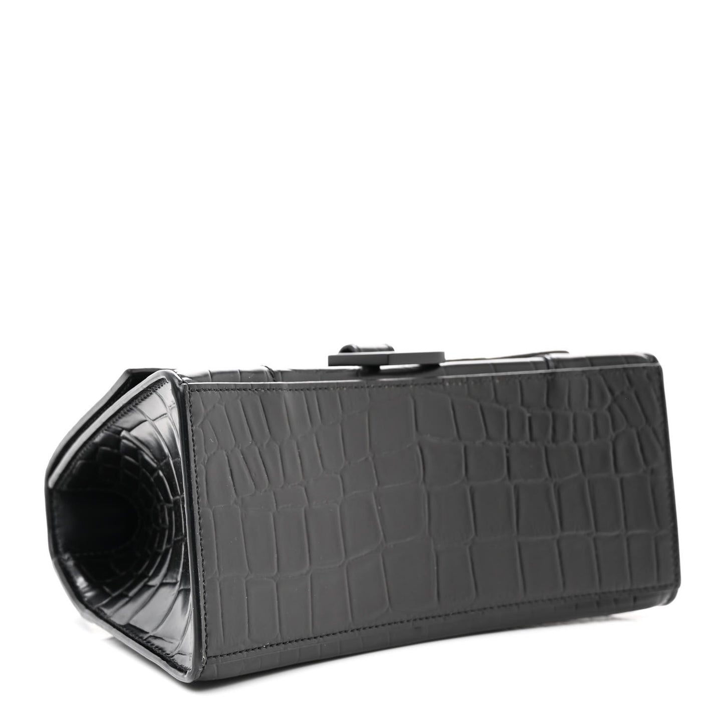 Shiny Calfskin Monochrome Crocodile Embossed Small Hourglass Top Handle Bag Black