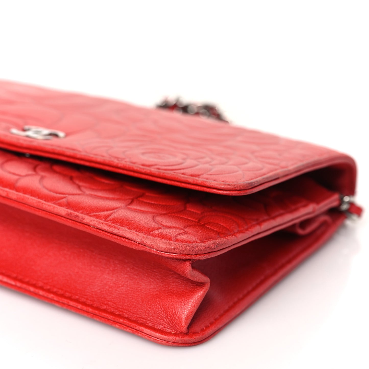 Lambskin Camellia Embossed Wallet on Chain WOC Red
