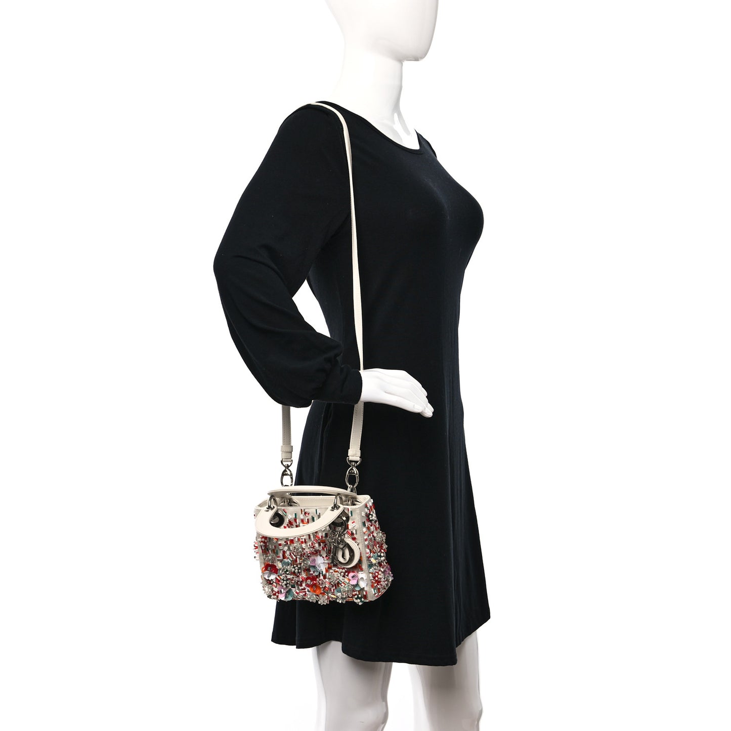 Satin Beaded Floral Embroidered Mini Lady Dior White Multicolor