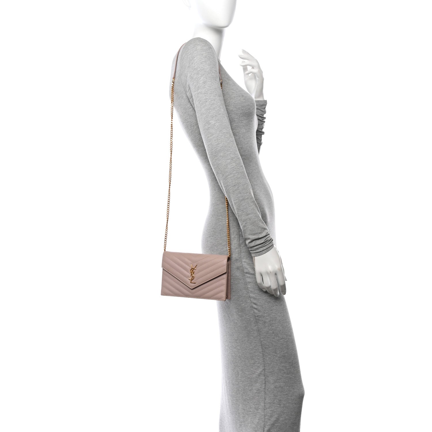 Saint Laurent Grain De Poudre Matelasse Chevron Monogram Envelope Chain Wallet Pale Pink 2 of 11