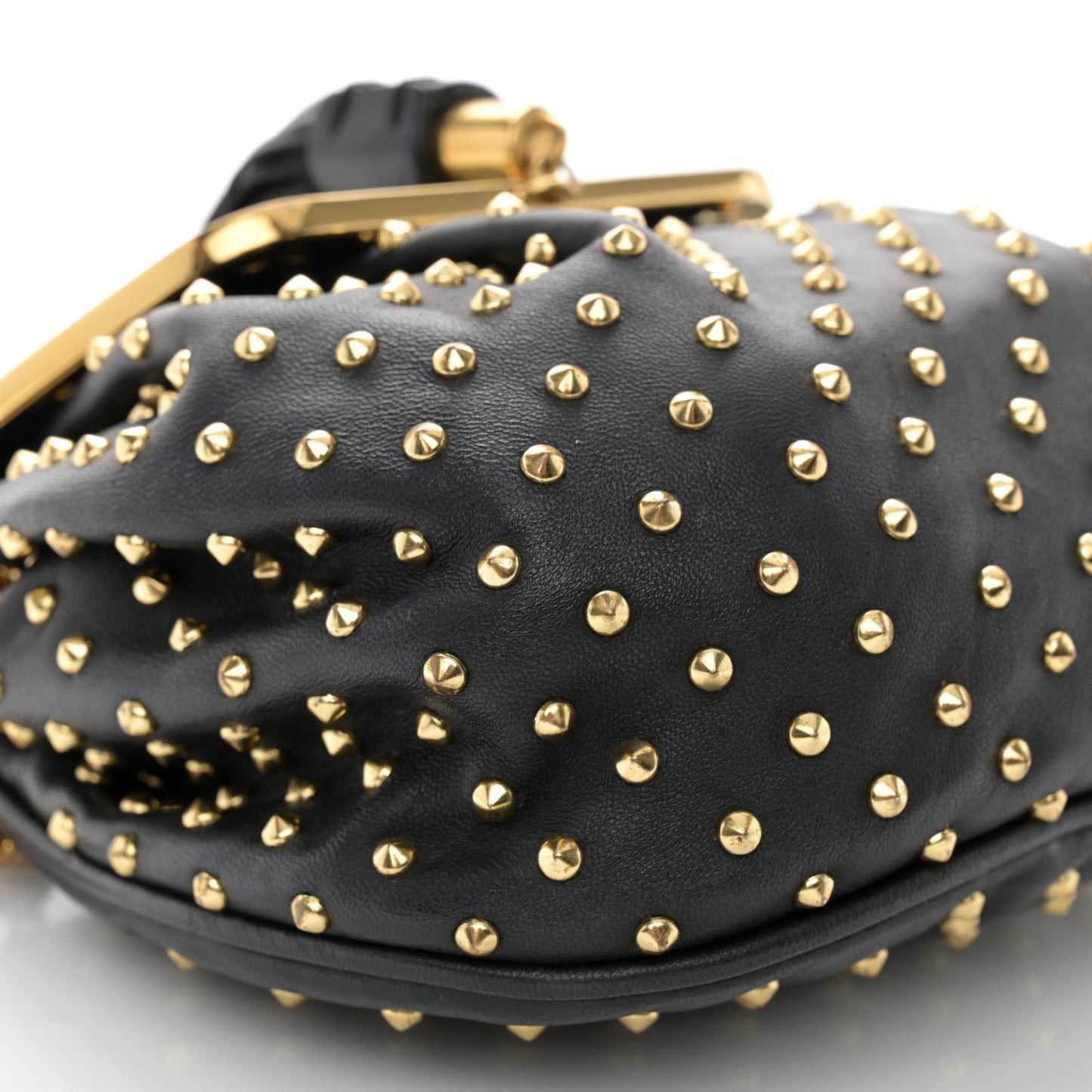 Nappa Studded Skull Box Chain Clutch Black Gold