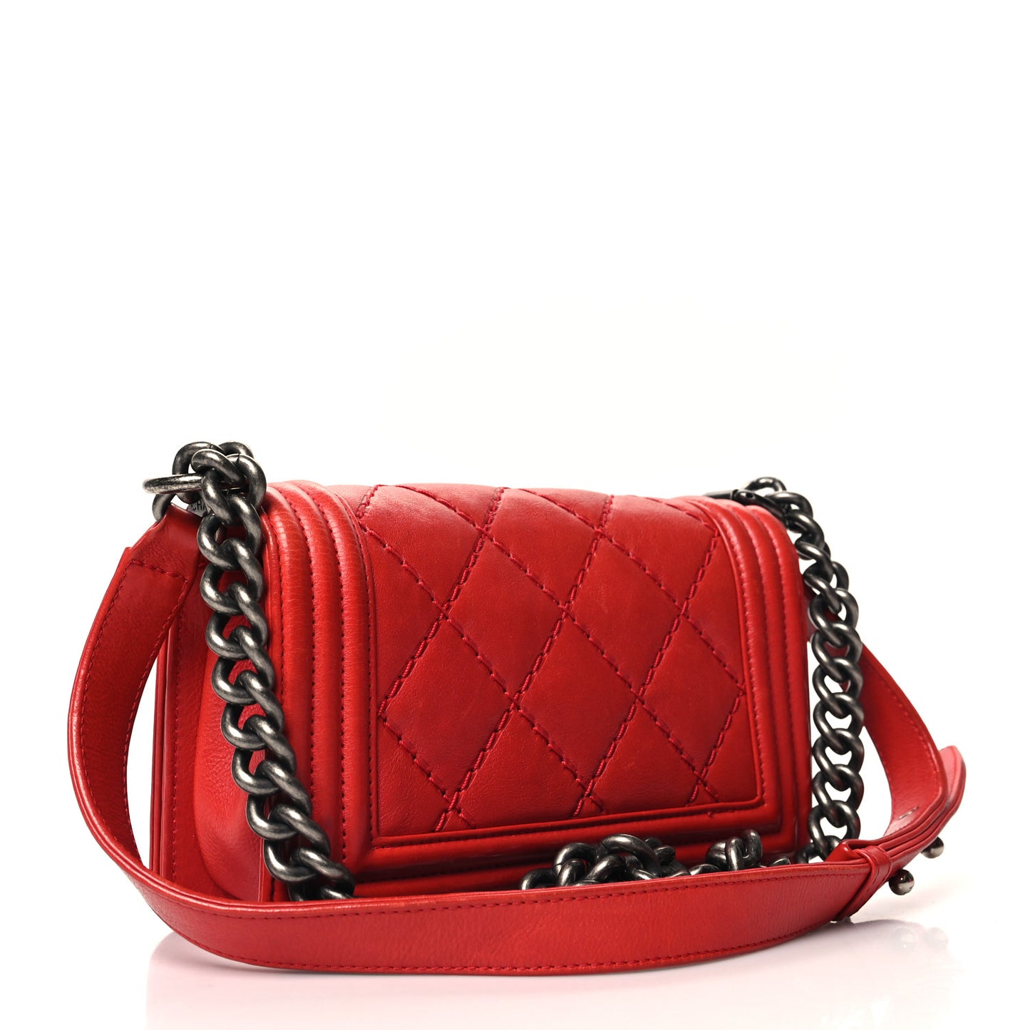 Calfskin Double Stitch Small Boy Flap Red
