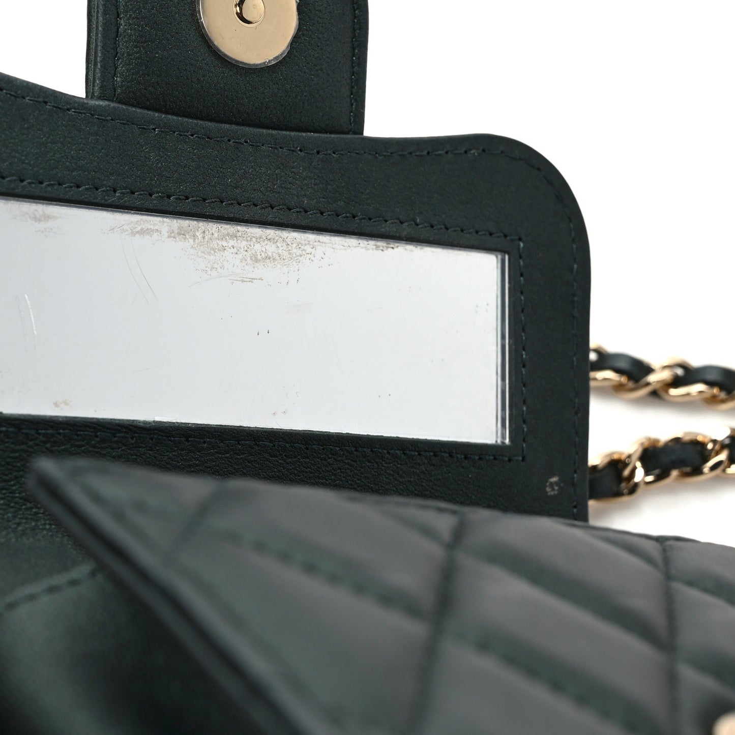 Iridescent Lambskin Quilted Top Handle Flap Clutch With Chain Dark Green
