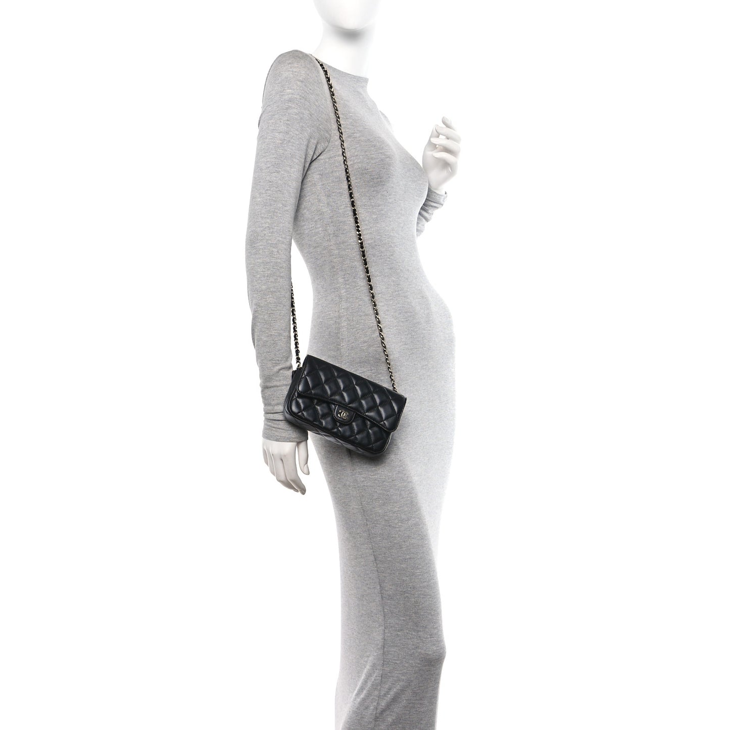 Lambskin Quilted Flap Phone Holder With Chain Black
