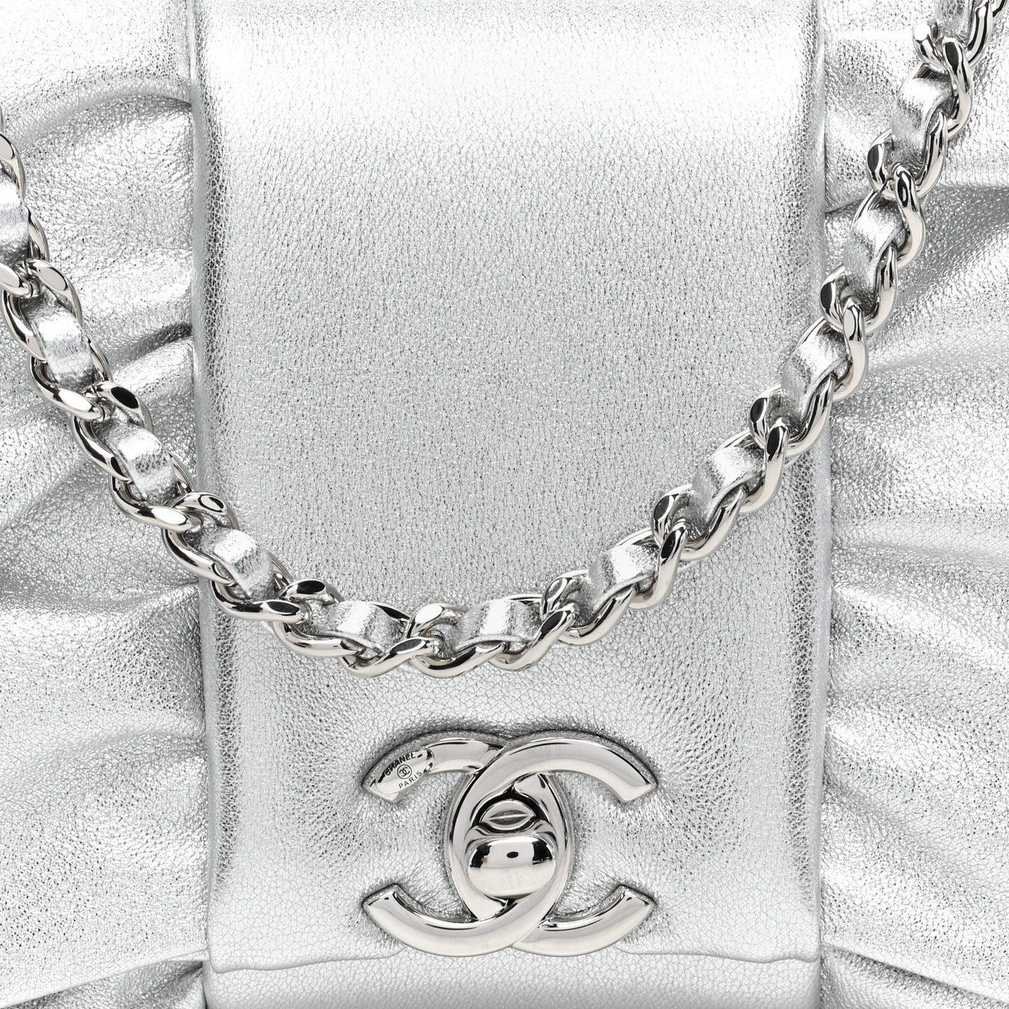 Metallic Lambskin Tie My Bow Flap Clutch With Chain Silver