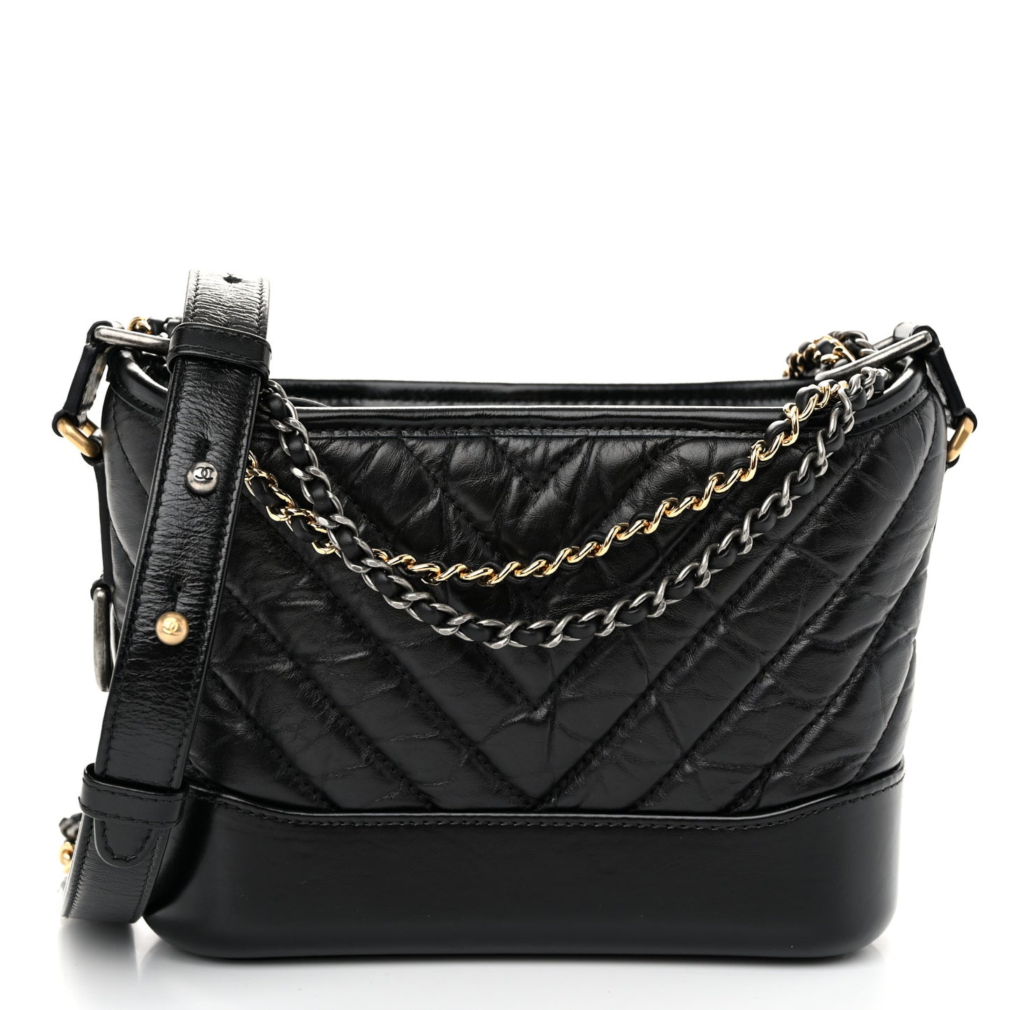 Aged Calfskin Chevron Quilted Small Gabrielle Hobo Black