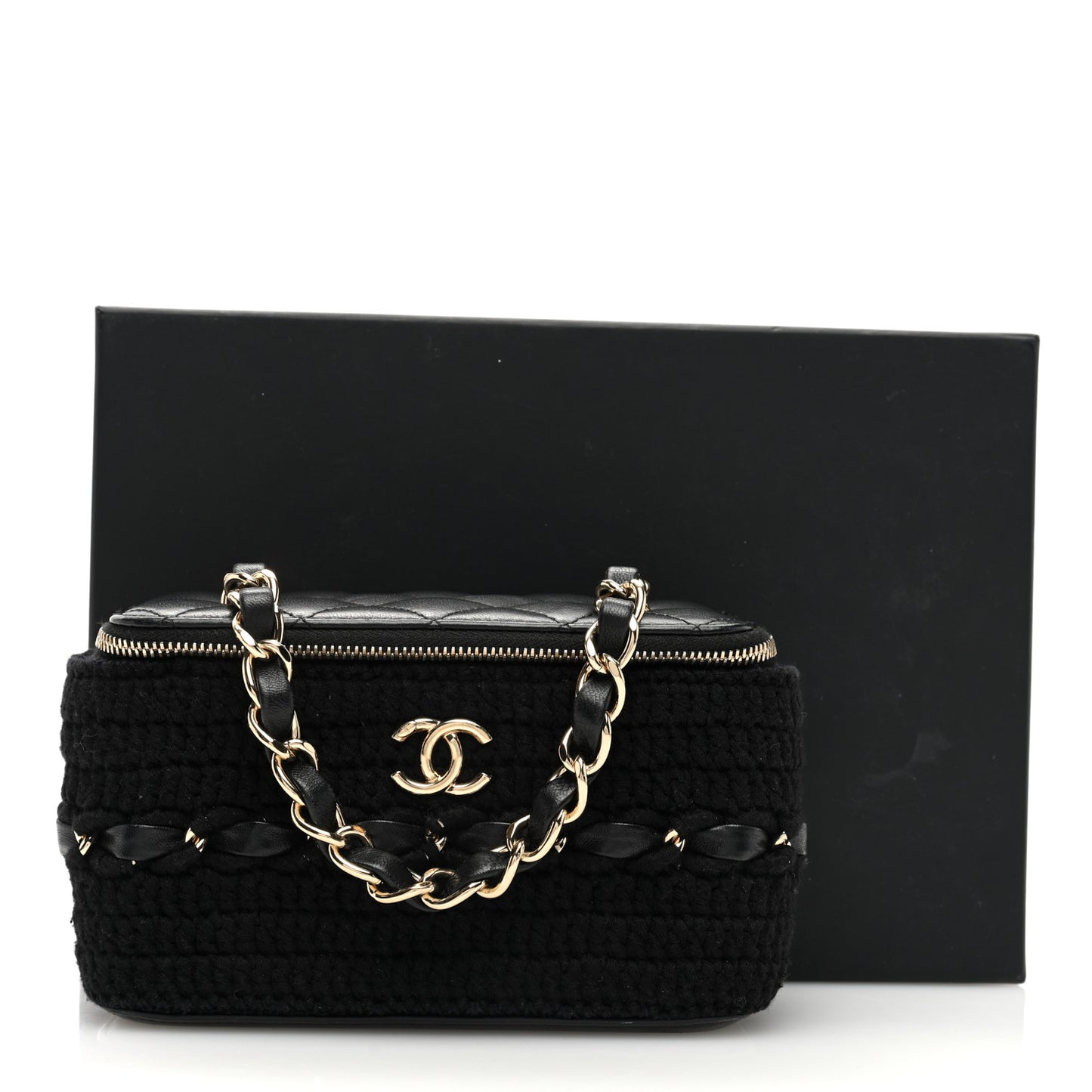 Lambskin Crochet Quilted Small Vanity Case With Chain Black