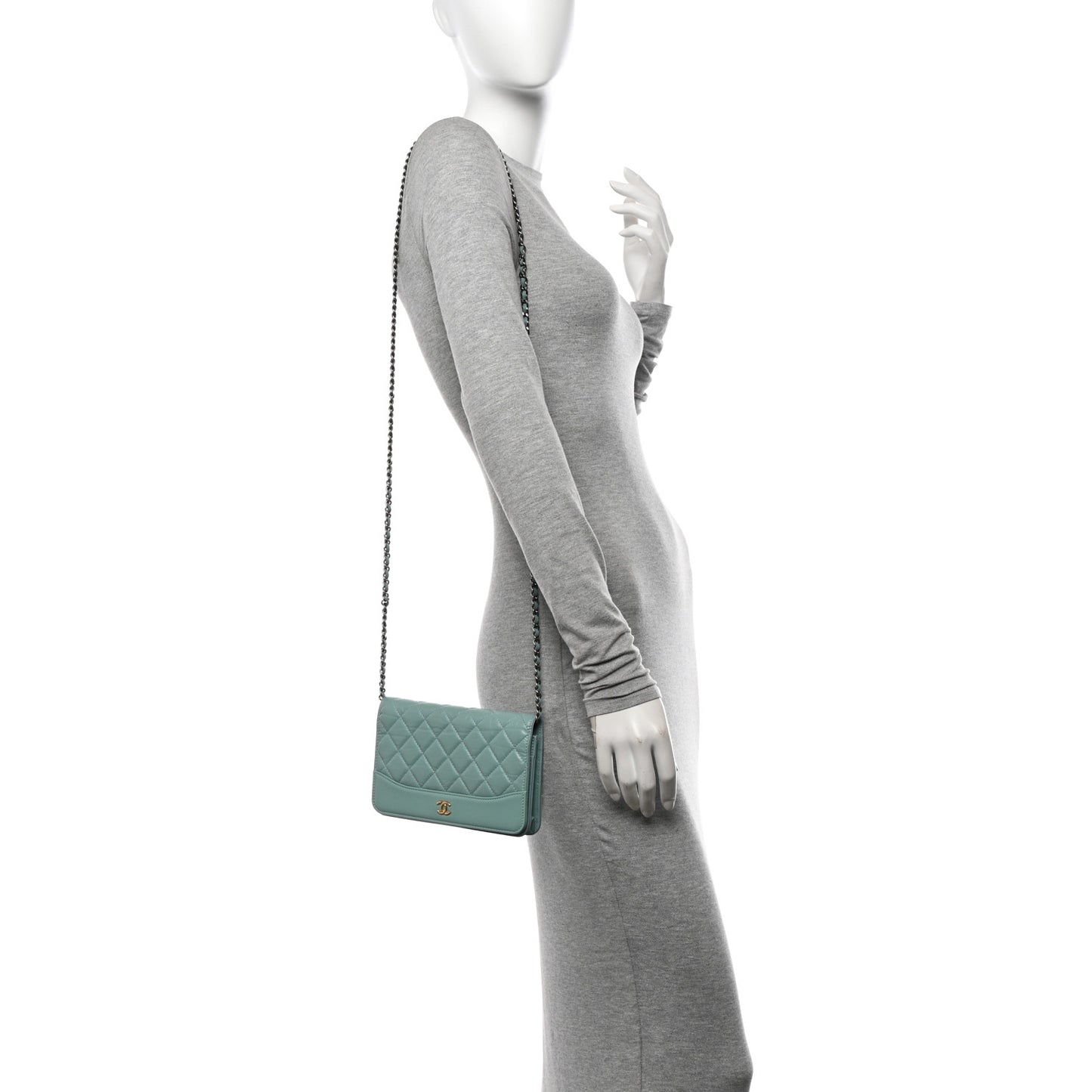 Aged Calfskin Quilted Gabrielle Wallet On Chain WOC Light Blue