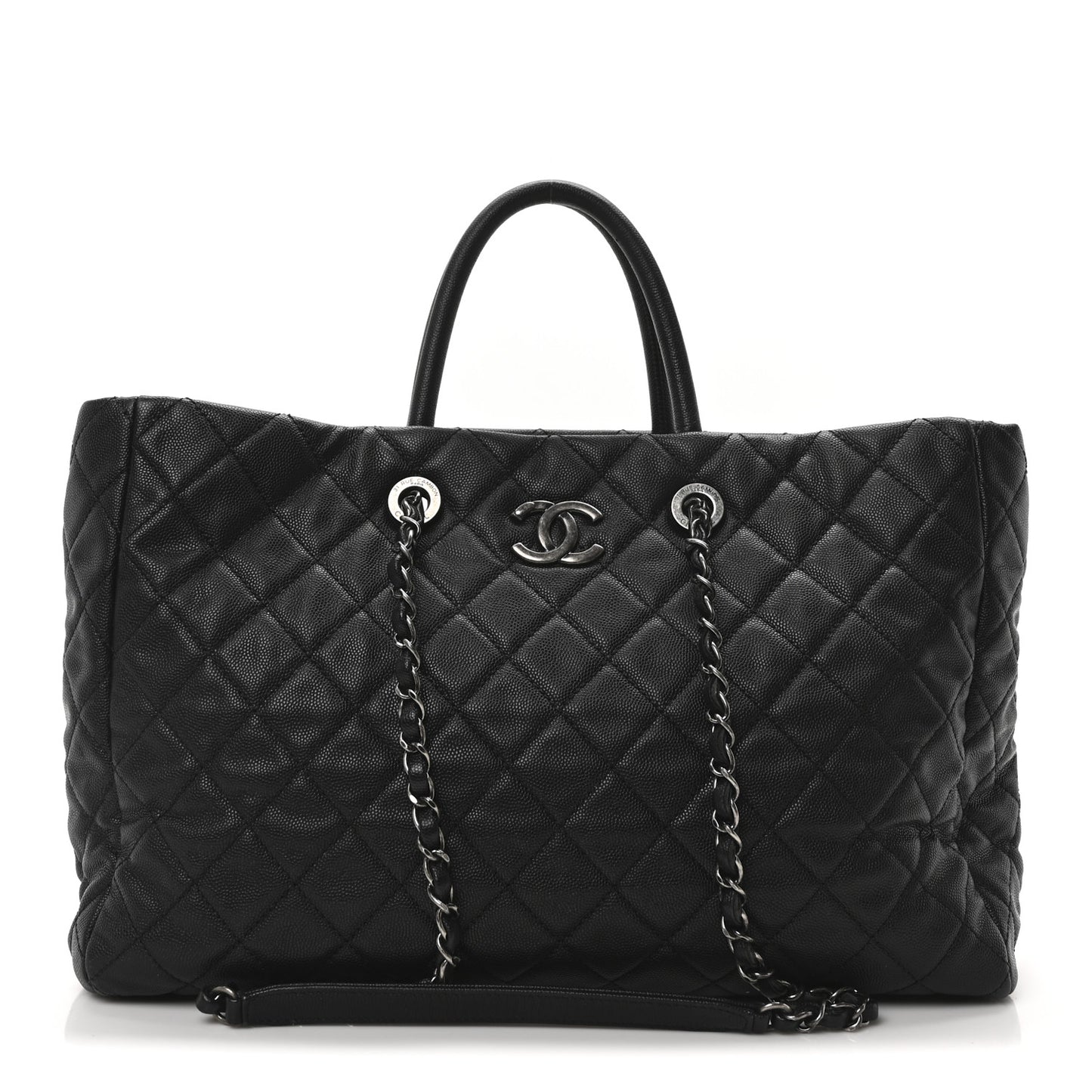 Caviar Quilted Large Coco Handle Shopping Tote Black